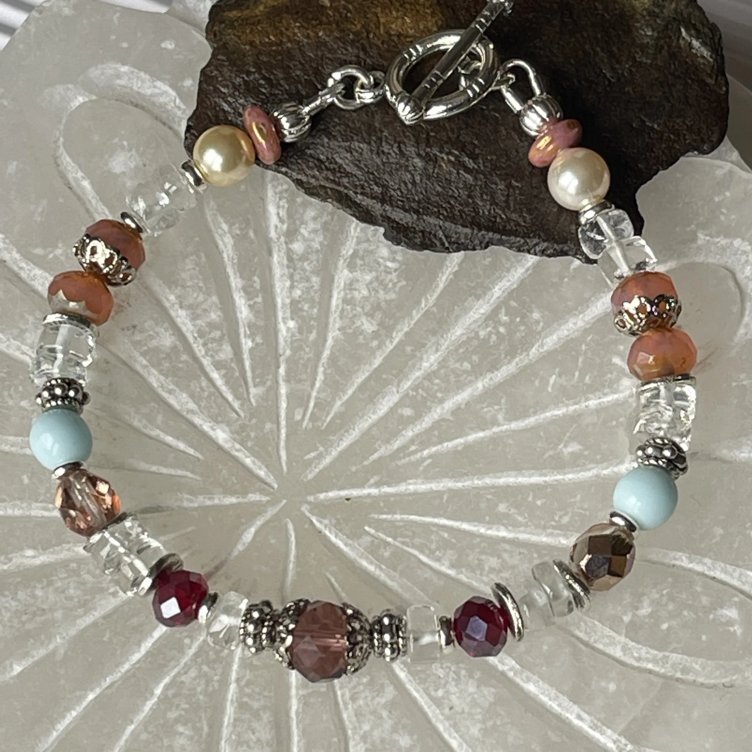 Blue topaz Aquamarine Sunstone beaded bracelet 7"