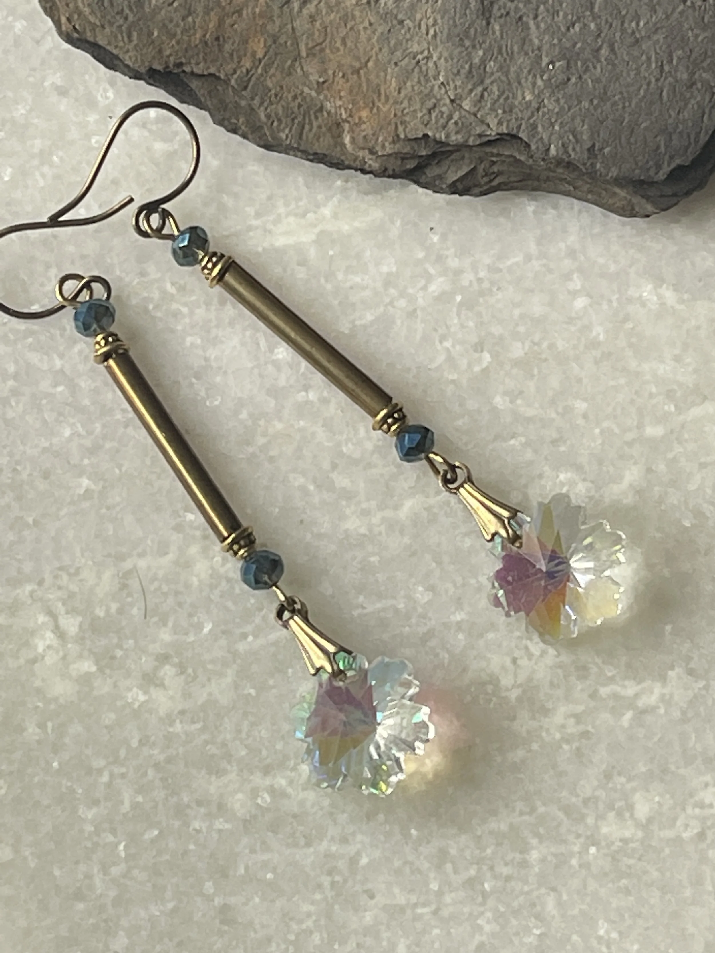 Art Deco Bugle Bead Crystal Drop Earrings  2.75"