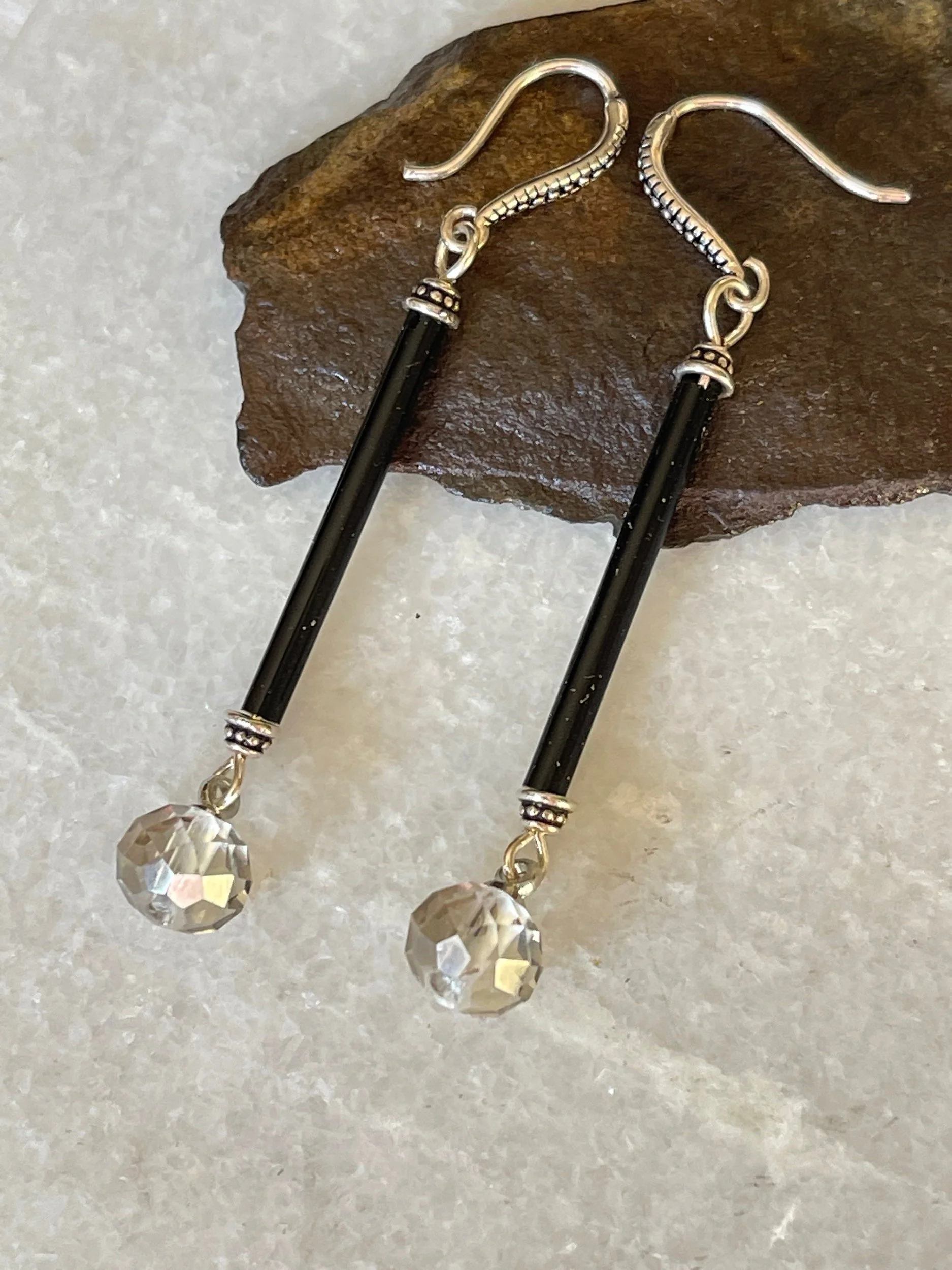 Vintage Black Bugle Austrian Crystal Drop Sterling Silver Earrings 2"