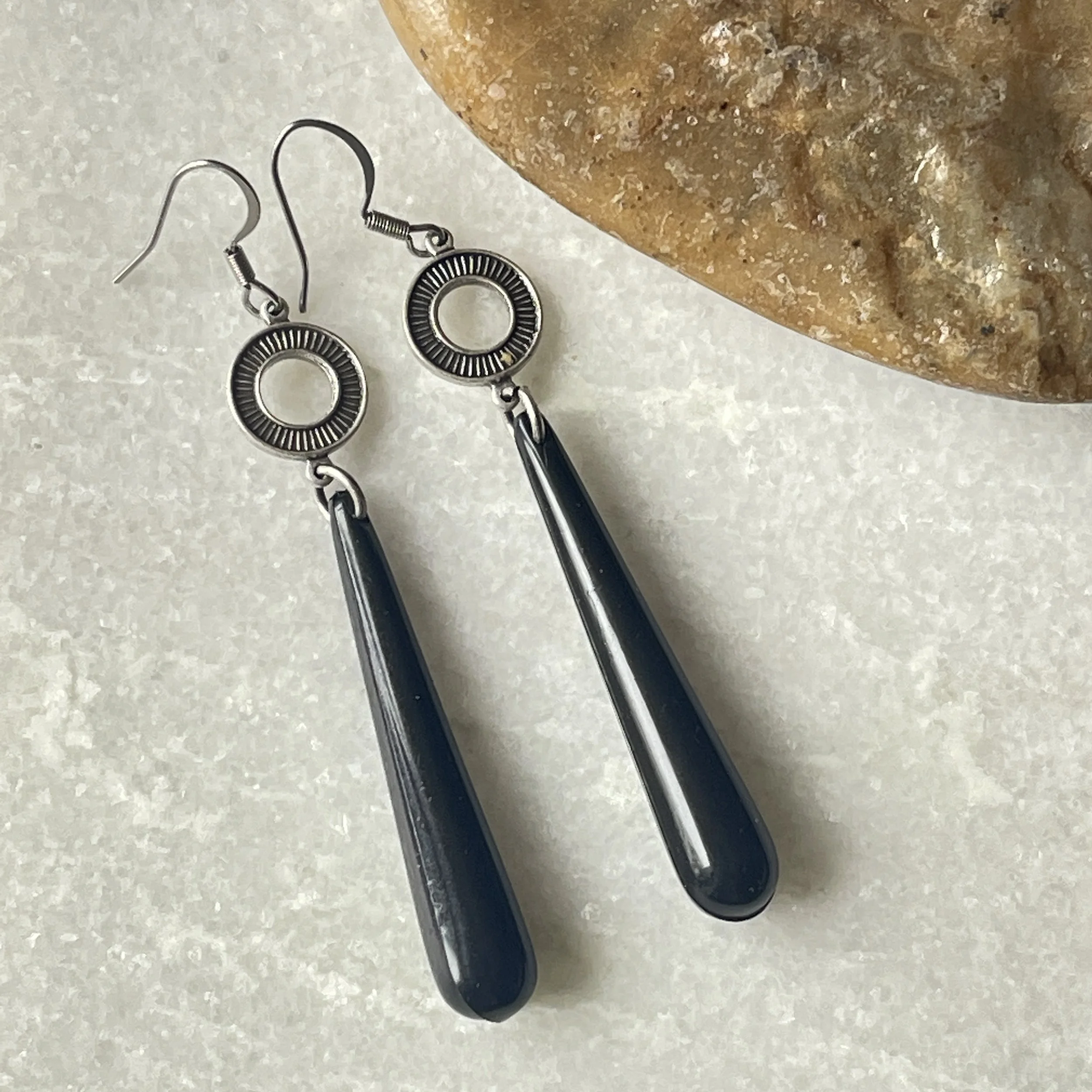 Vintage W German Lucite Drops Etched Antique Silver Earrings 2"