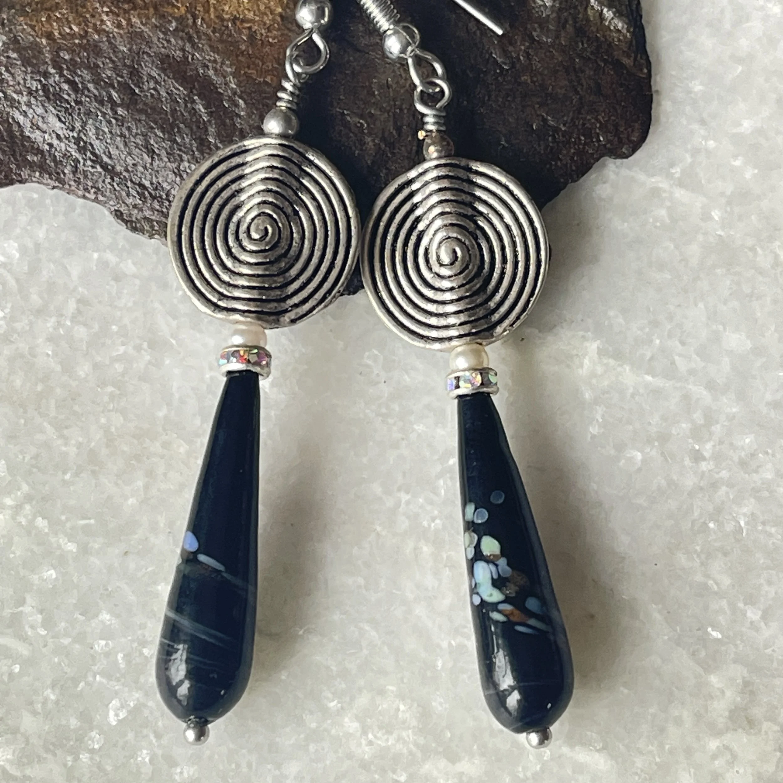 Vintage Murano Hand Painted Glass Teardrop Pearl Drop Earrings