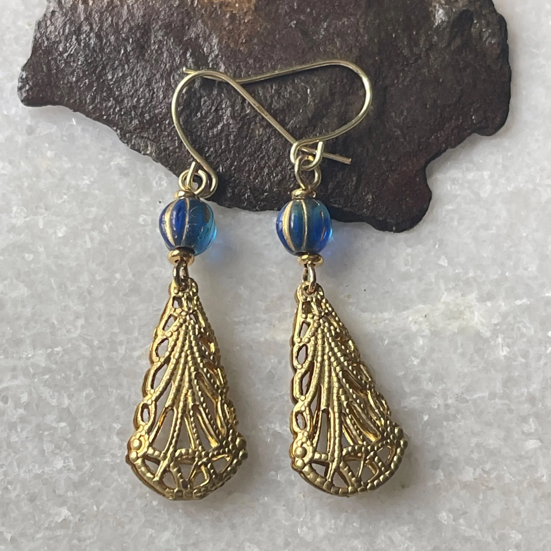 Vintage Filigree Czech Melon Bead Earrings  1.5"