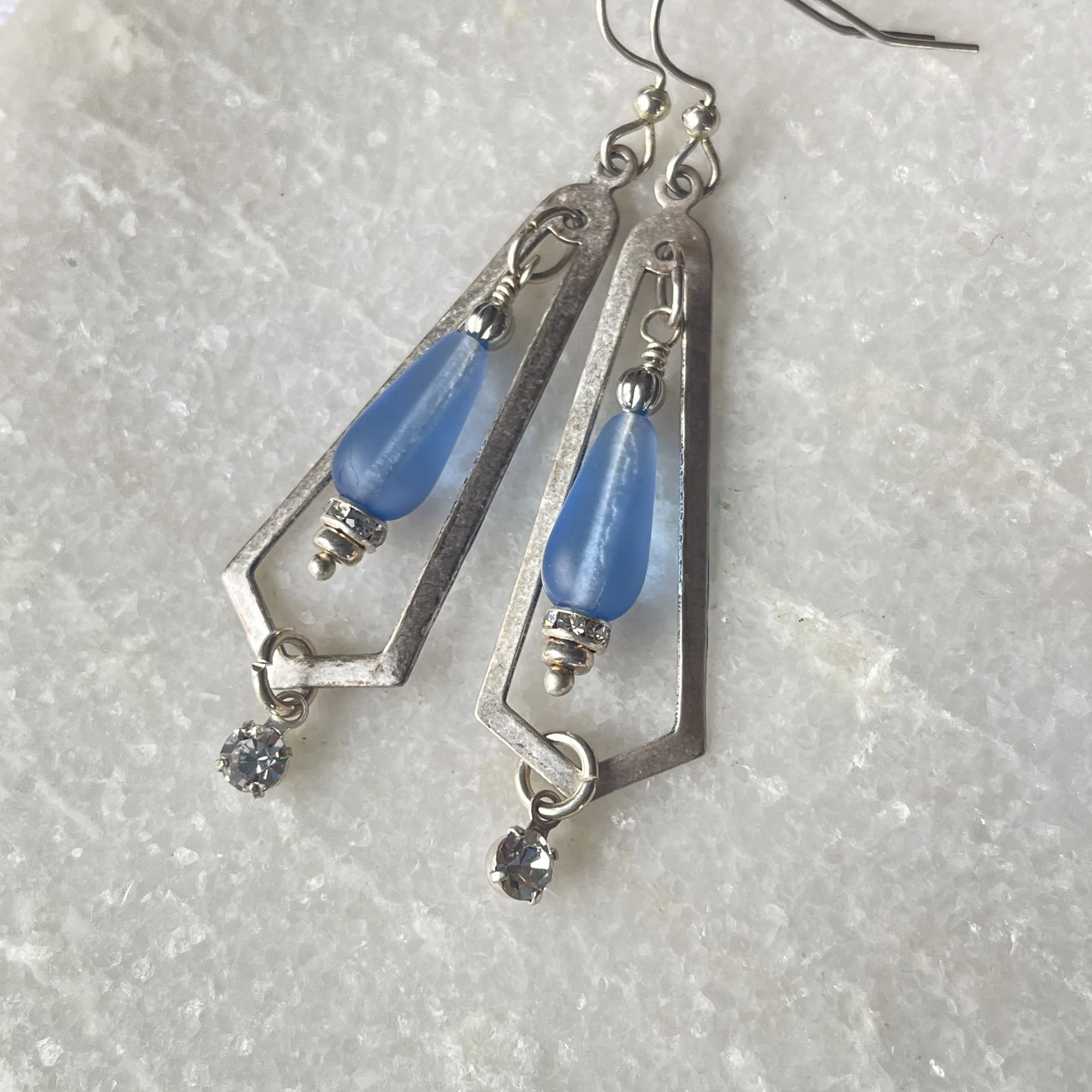 Sea Glass Blue Antique Silver Frame Earrings 2"