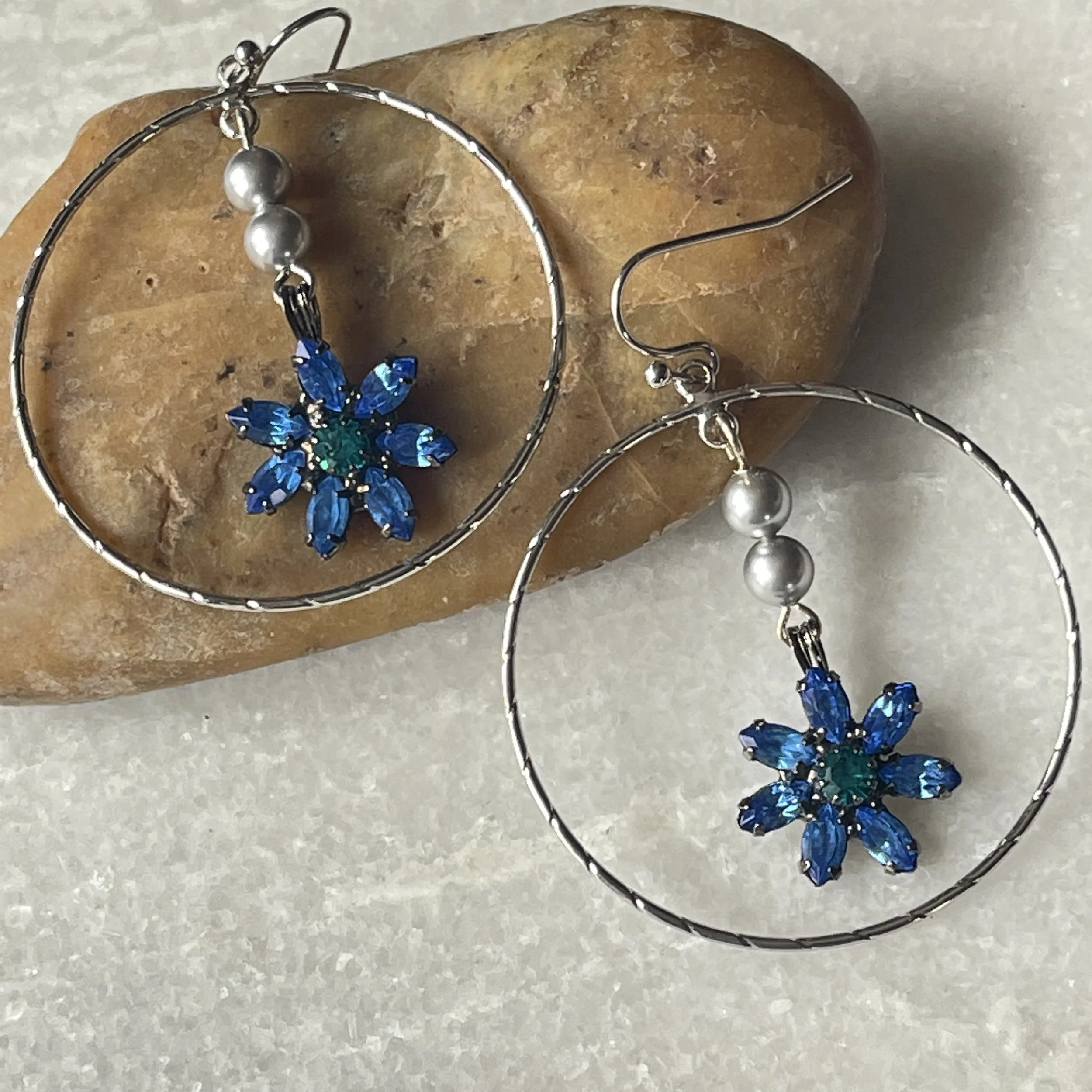 Vintage Silver Pearls Blue Rhinestone Flower Hoop Earrings. 1.5"