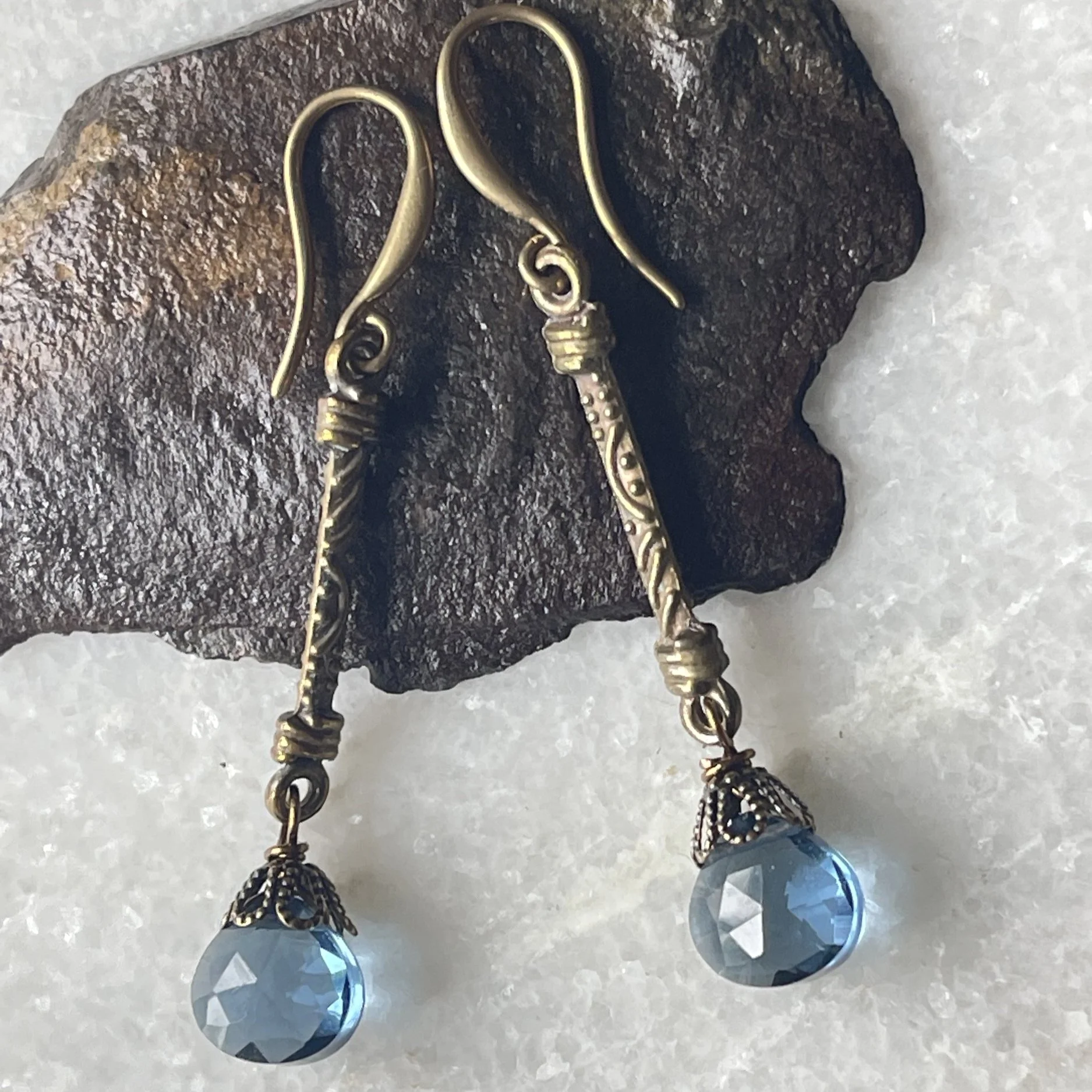 Vintage Blue Topaz Quartz Drop Earrings 1.5"