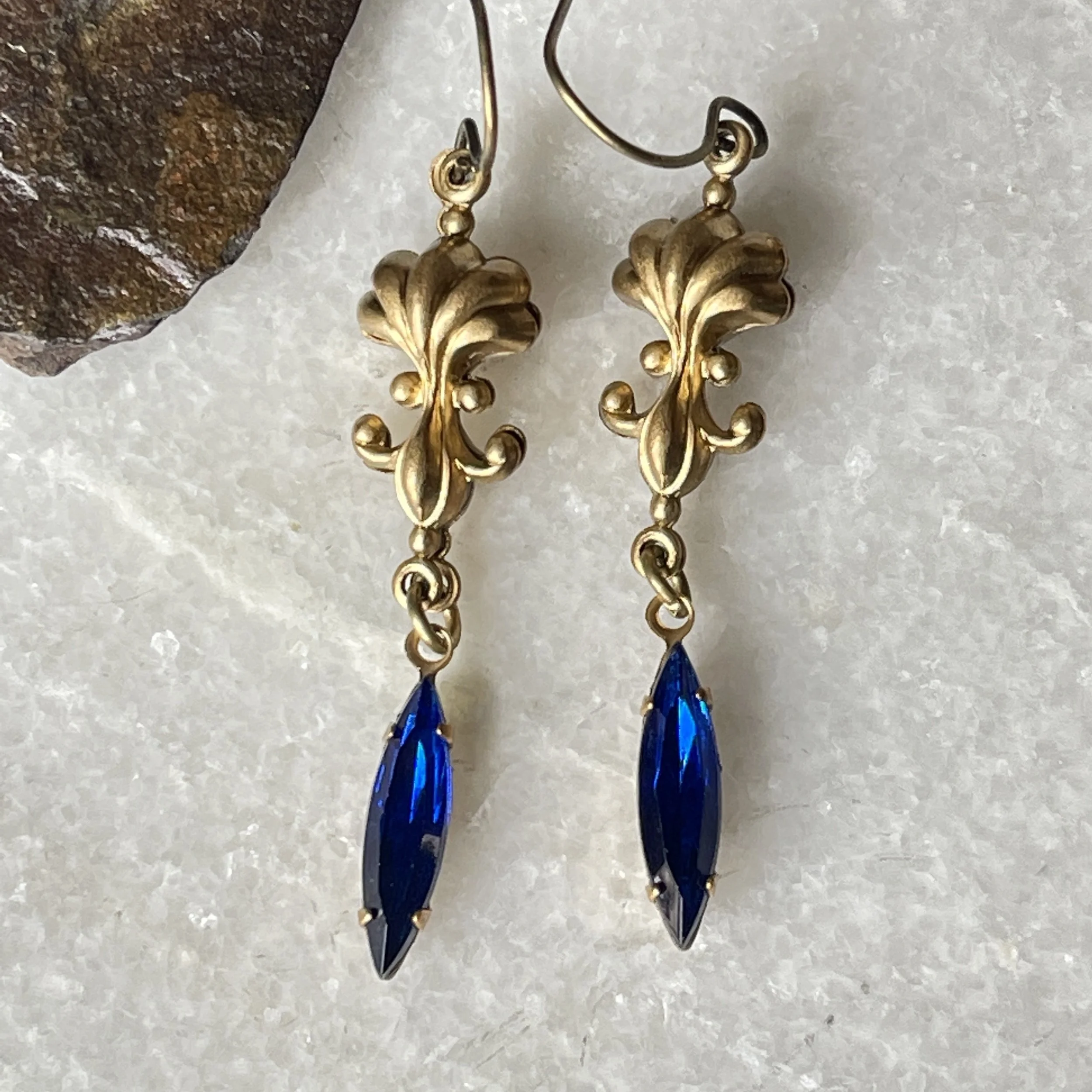 Art Nouveau Hand Set Rhinestone Dagger Drop Earrings 1.75"