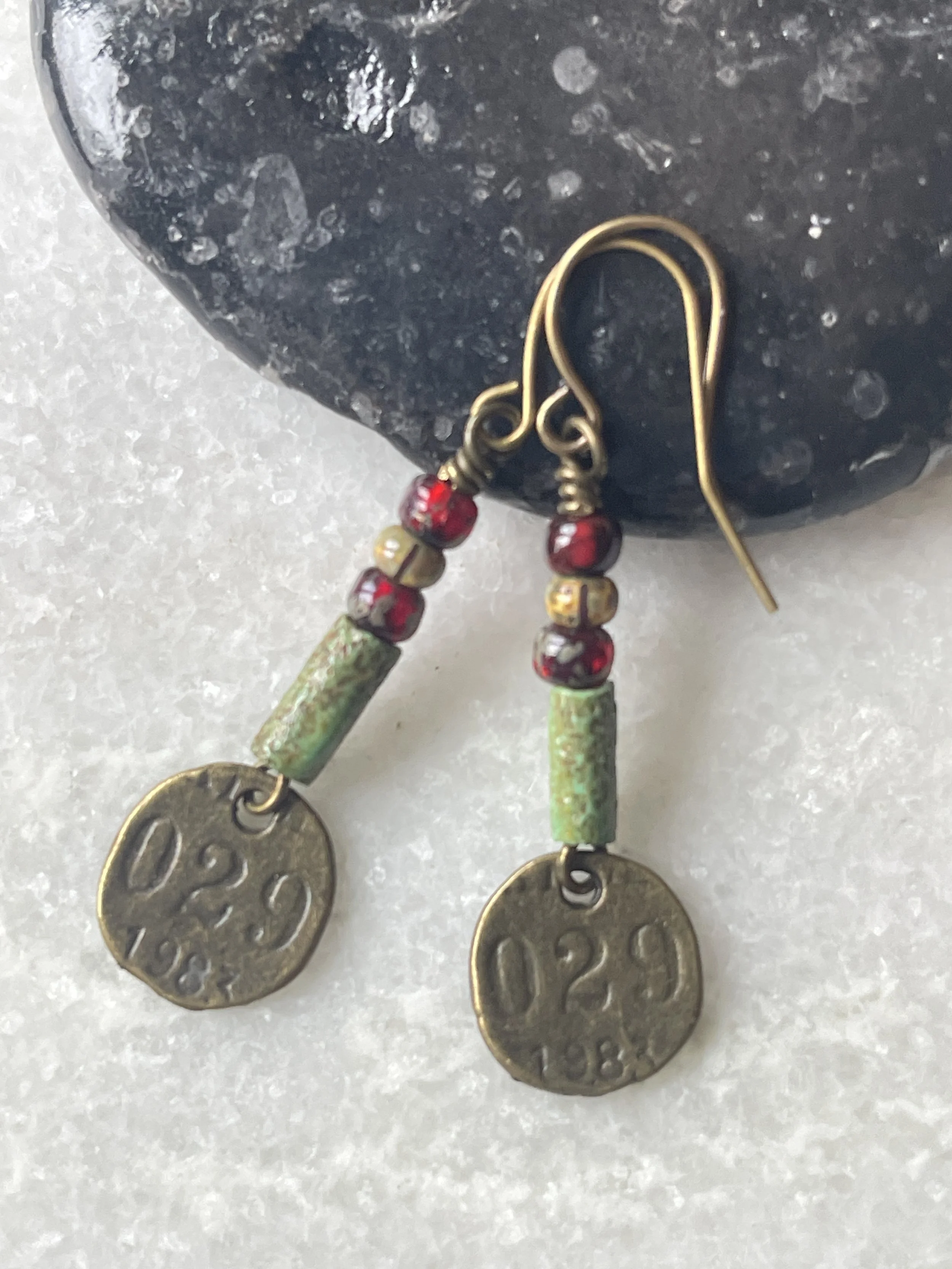 Vintage Coin Tag Picasso Bead Earrings 1.25"