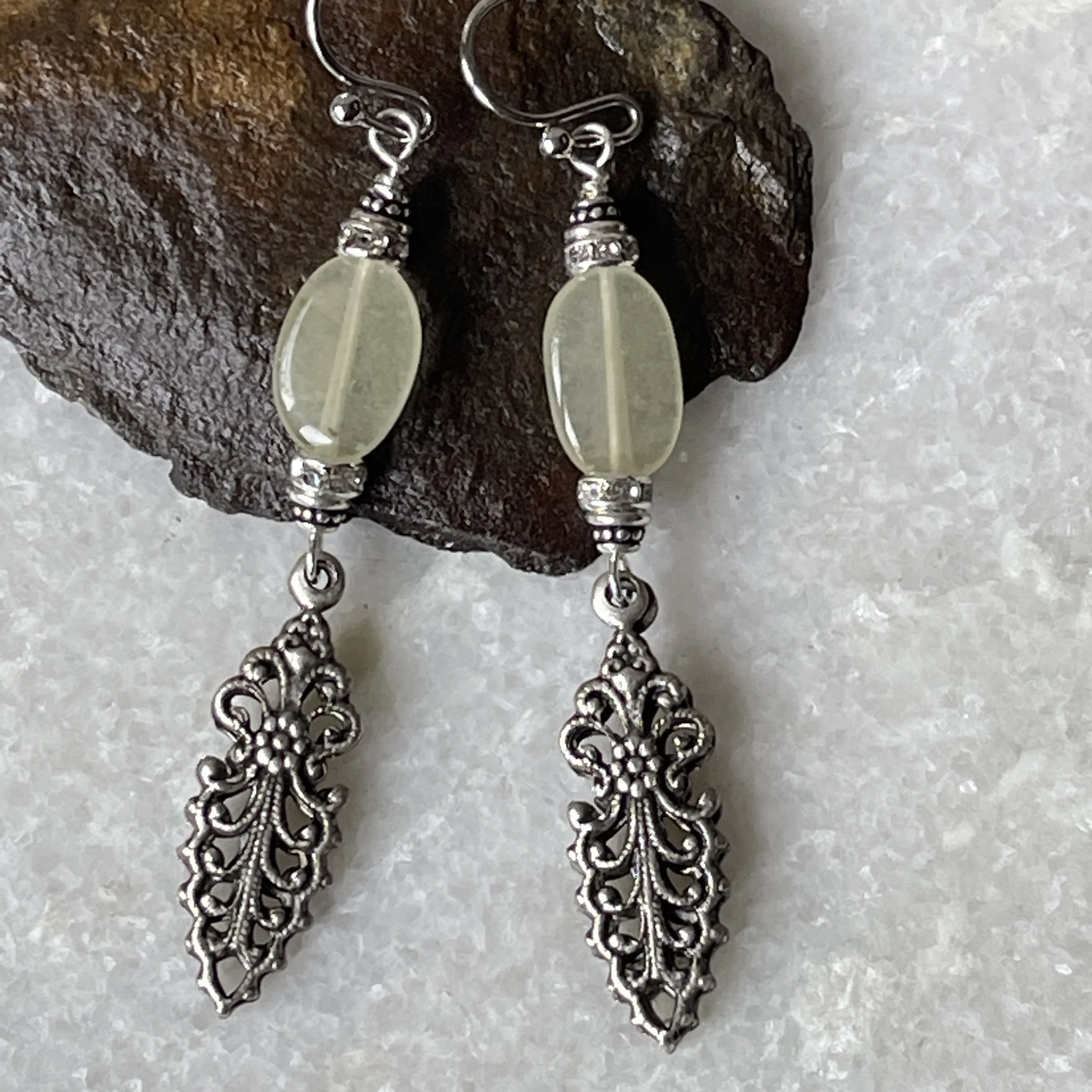 Art Deco Fluorite Rhinestone Earrings  2"