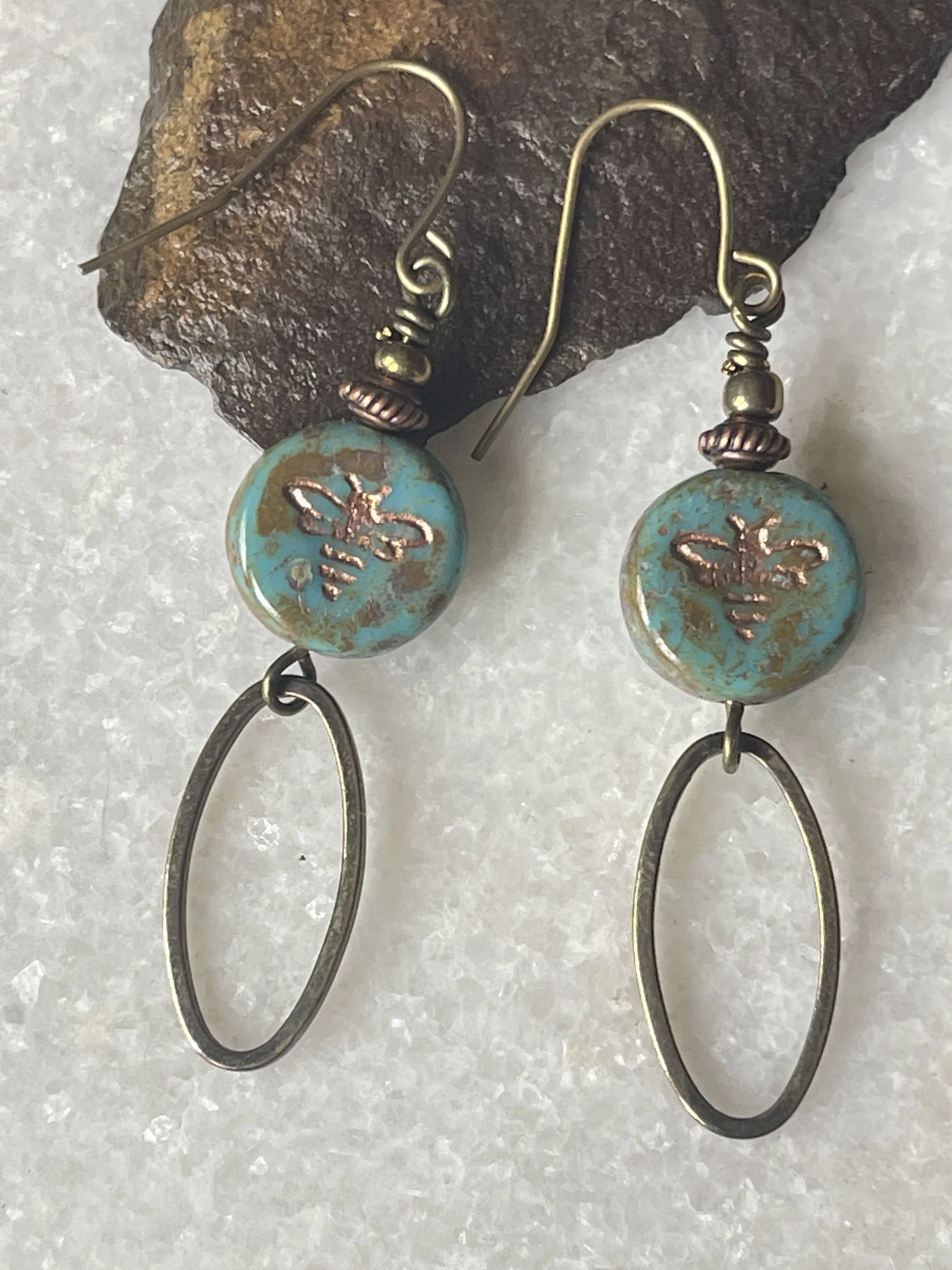 Czech GlassCopper Etched Bee Brass Earrings 1.25"