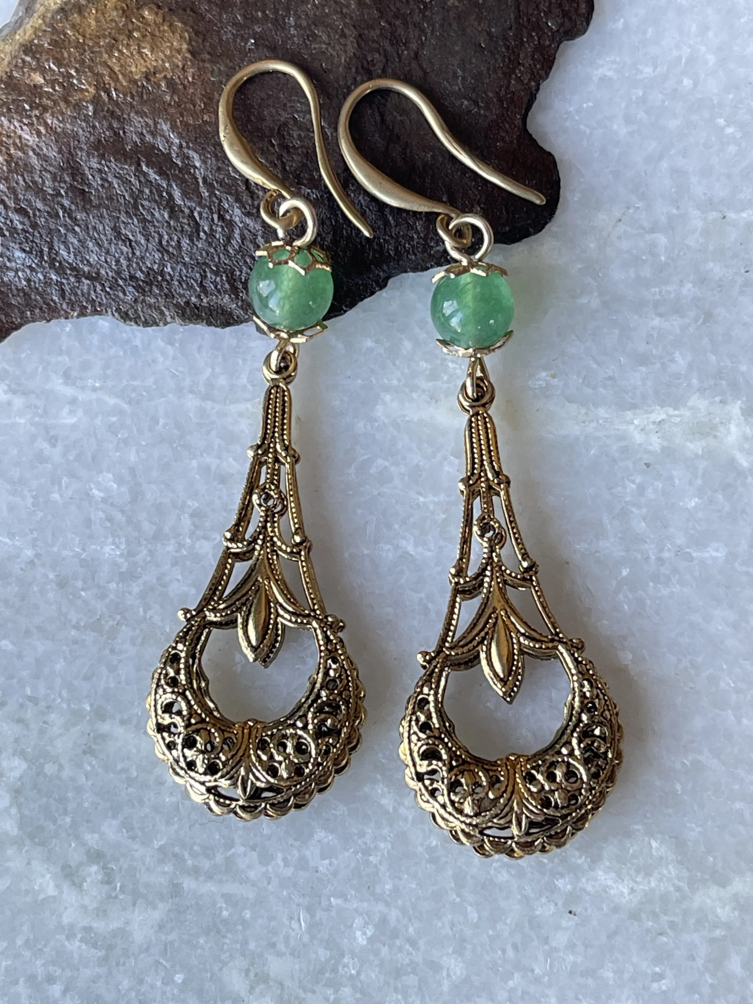 Vintage Inspired Genuine Jade Bead Earrings  2"