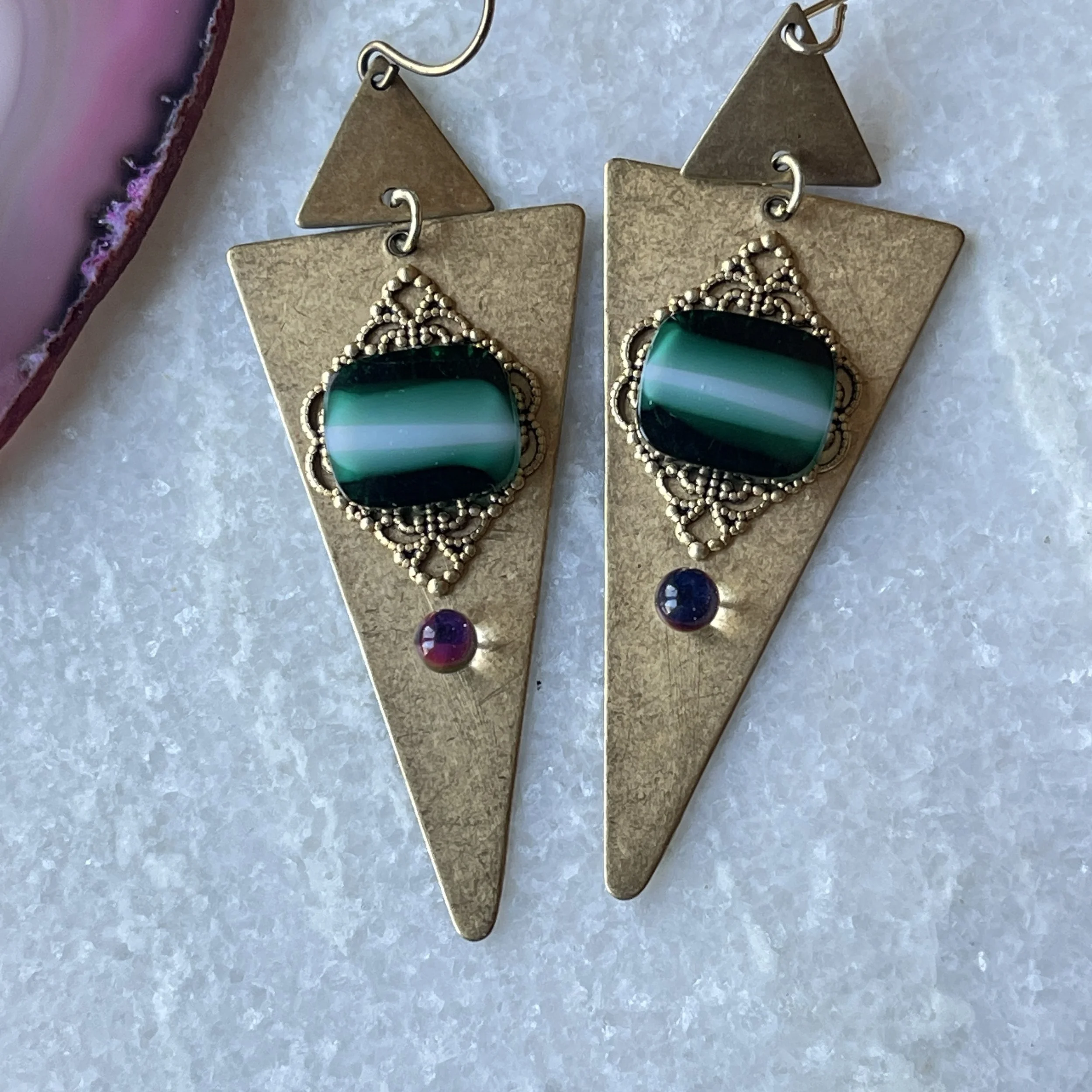 Vintage Brass Spike Ombre + Moonstone Cabochon Earrings  2"