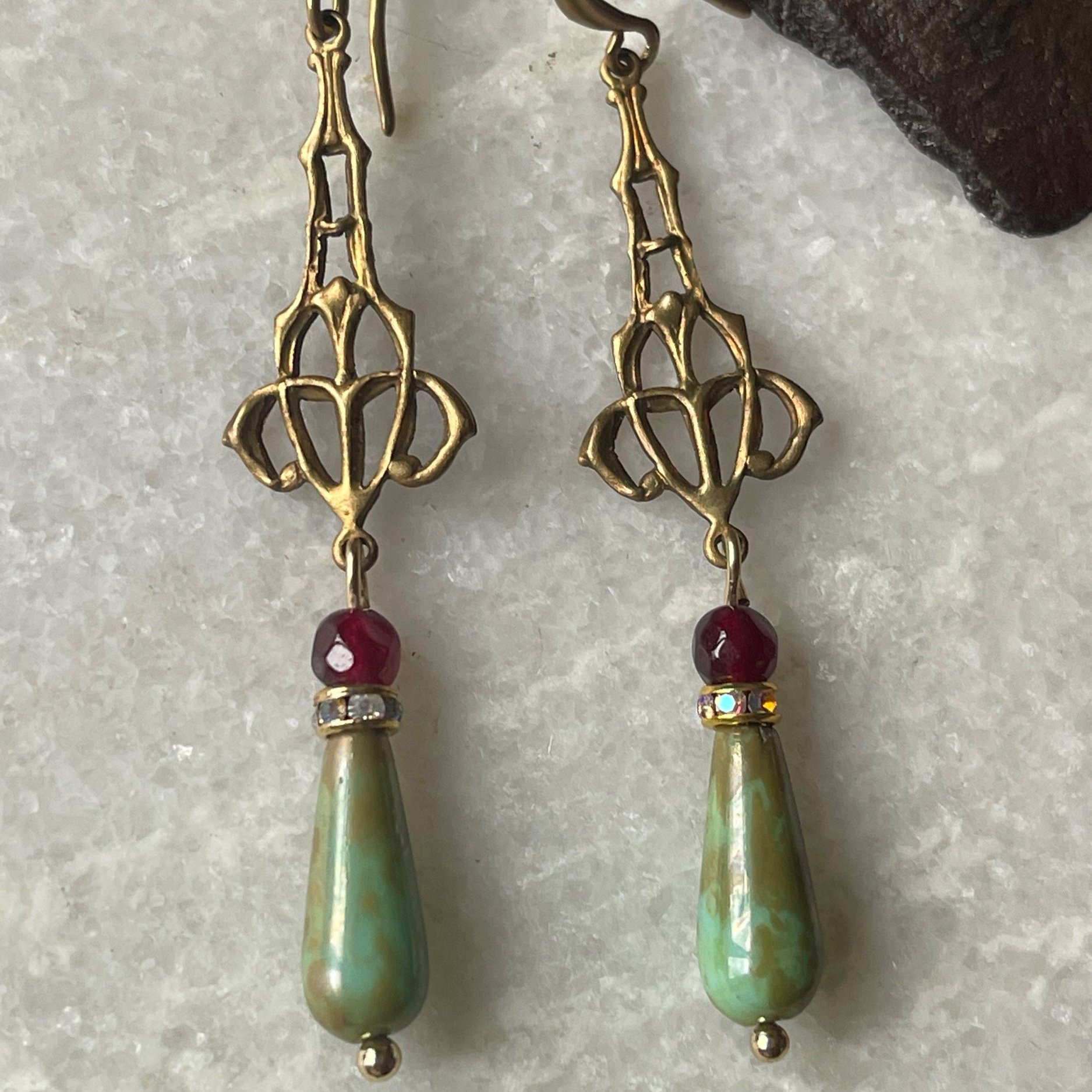 Vintage Brass Czech Glass Genuine Garnet Earrings