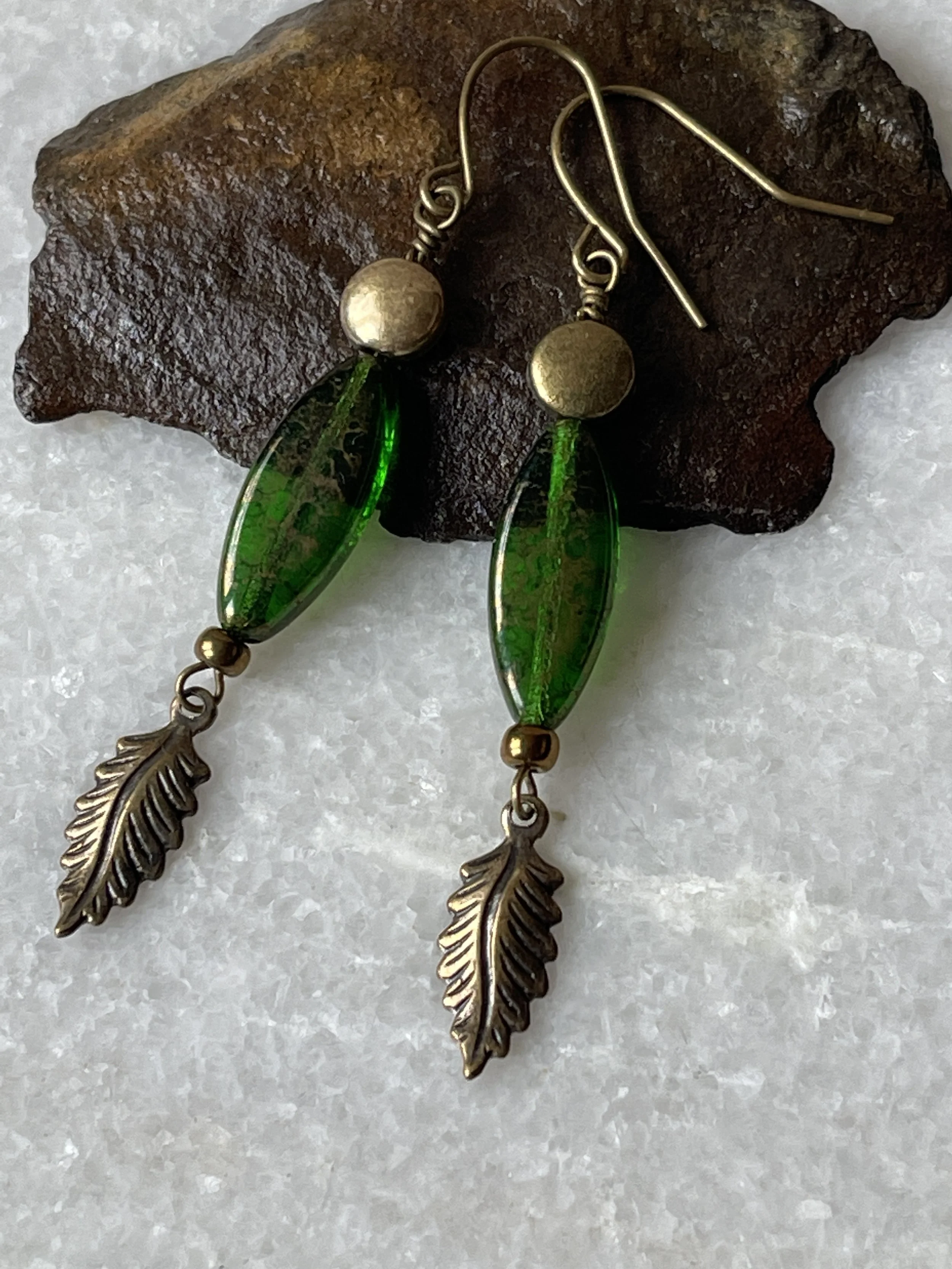 Czech Spindle Brass Leaf Earrings  1.75"