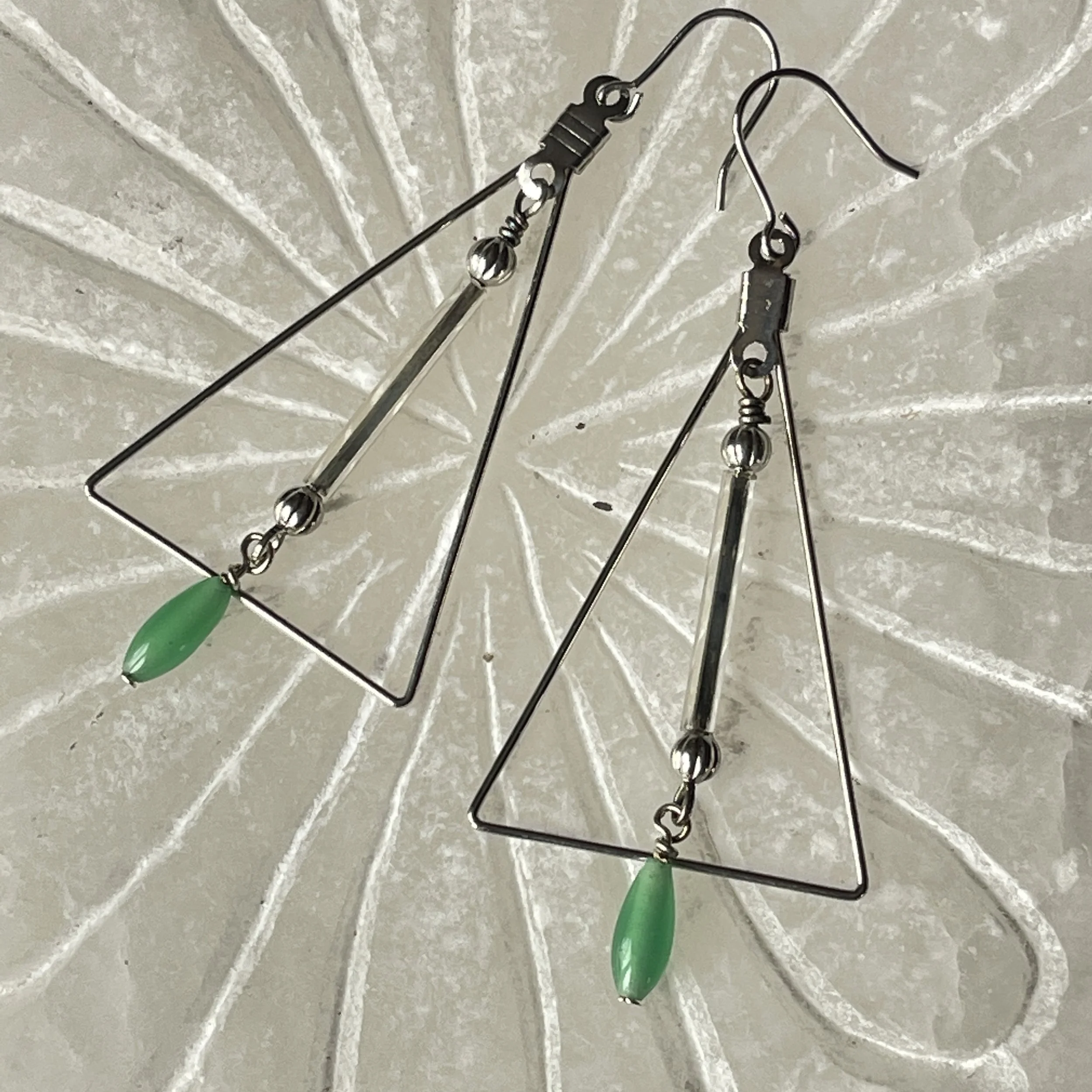 Czech Bugle + Green Oat Bead Triangle Earrings  1.75"