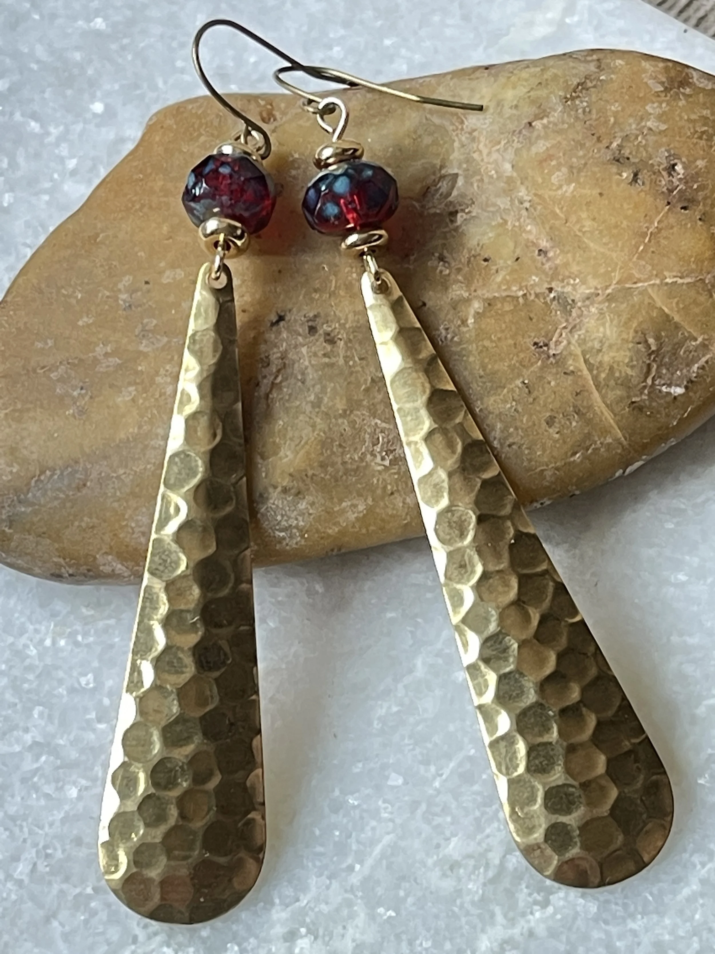 Hammered Brass Picasso Bead Drop Earrings 2.25"