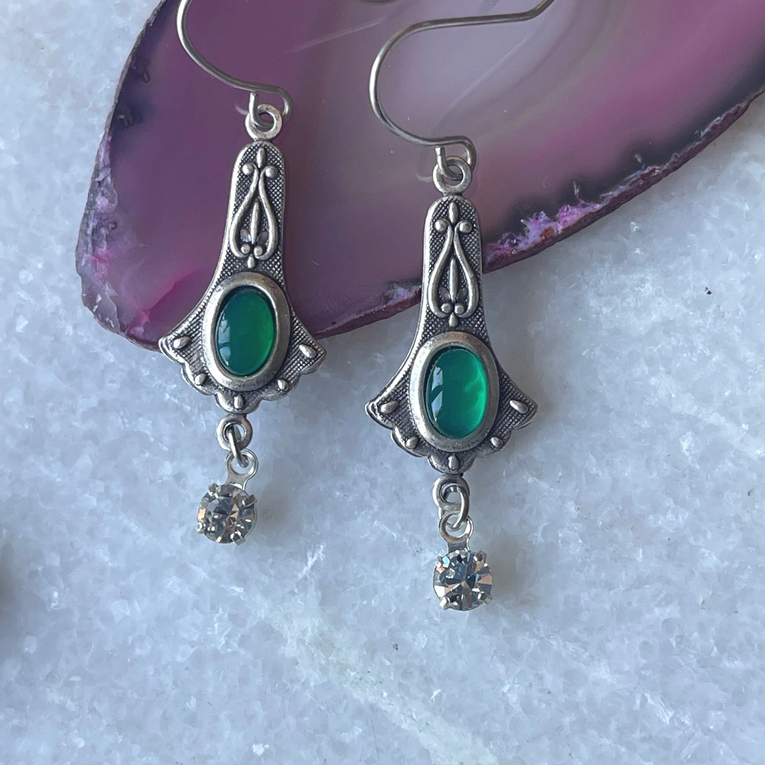 Art Nouveau Setting Jade Cabochon Rhinestone Earrings  1.25"
