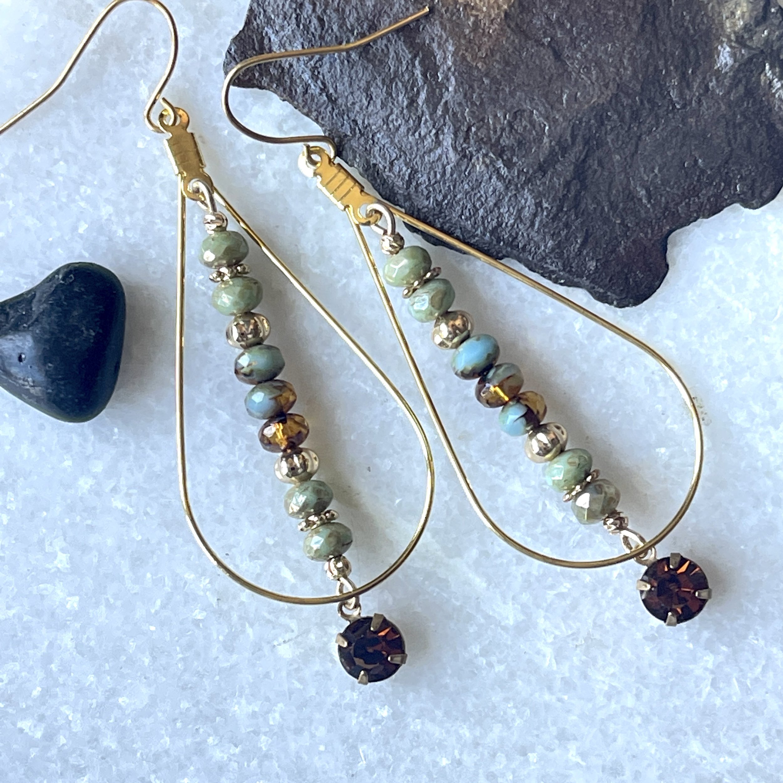 Amber Rhinestone Picasso Bead Teardrop Hoop Earrings  2"