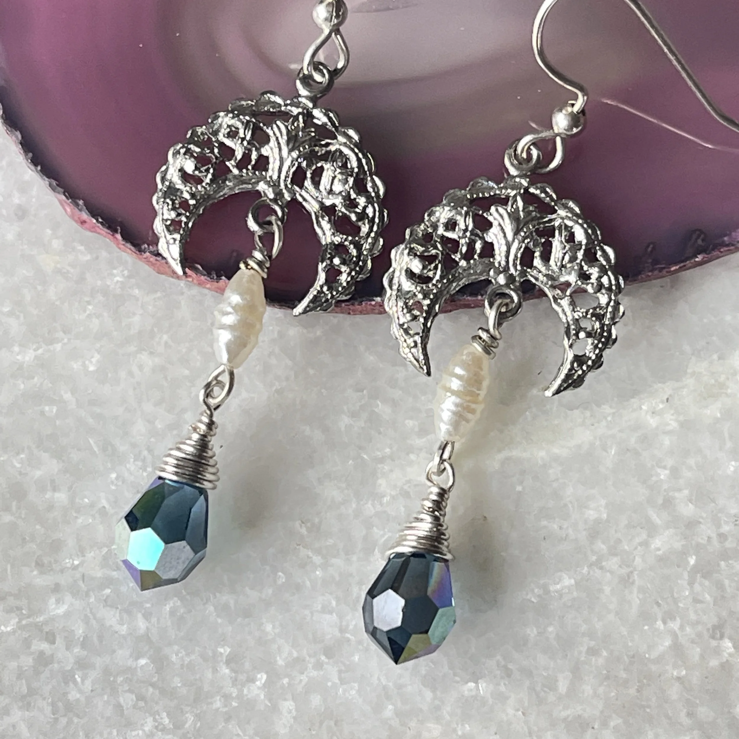 Freshwater Pearl Austrian Crystal Half Moon Earrings 1.5"