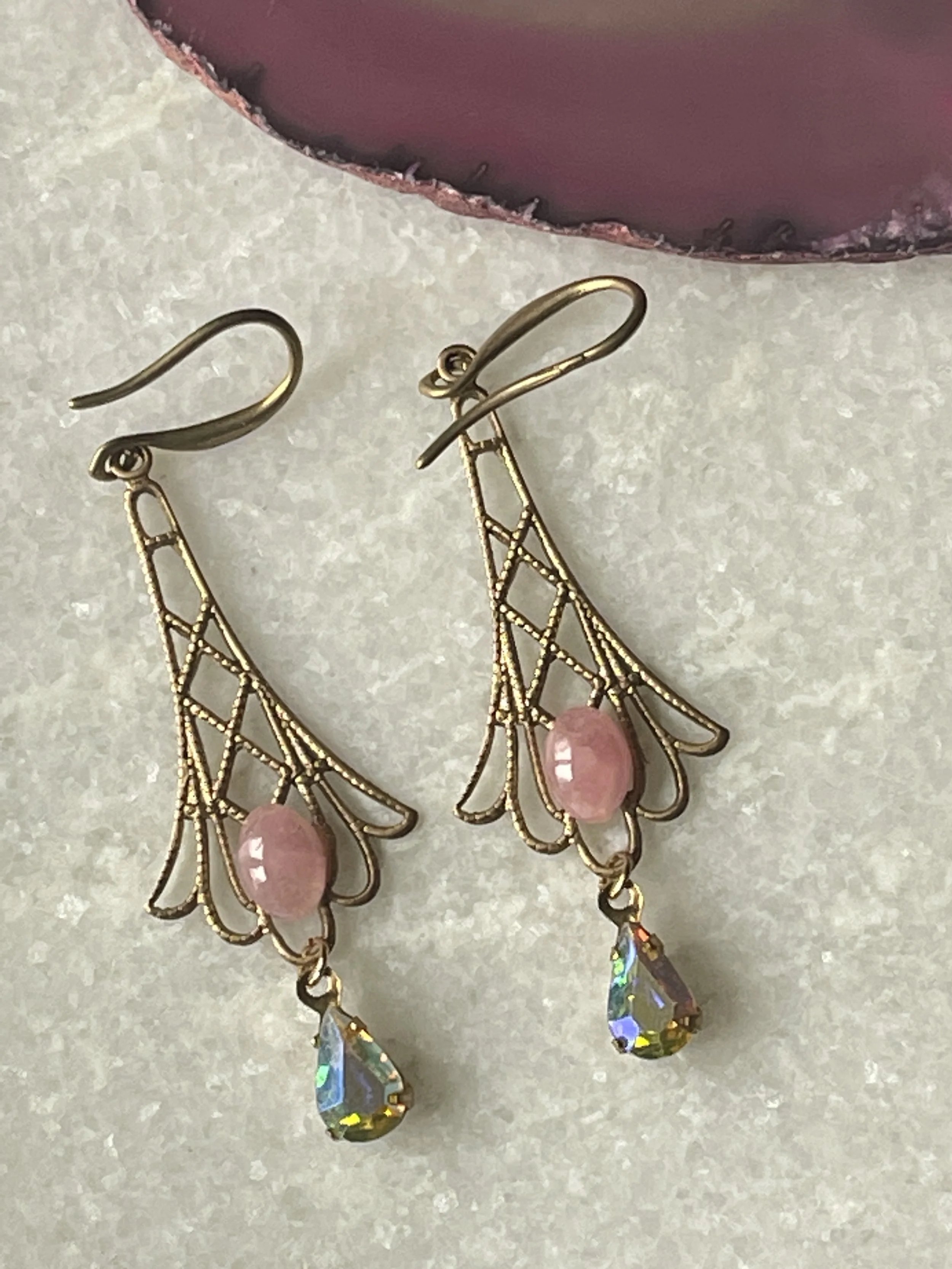Vintage Style Pink Opal Glass Cabochon AB Rhinestone Drop Earrings  1.75"