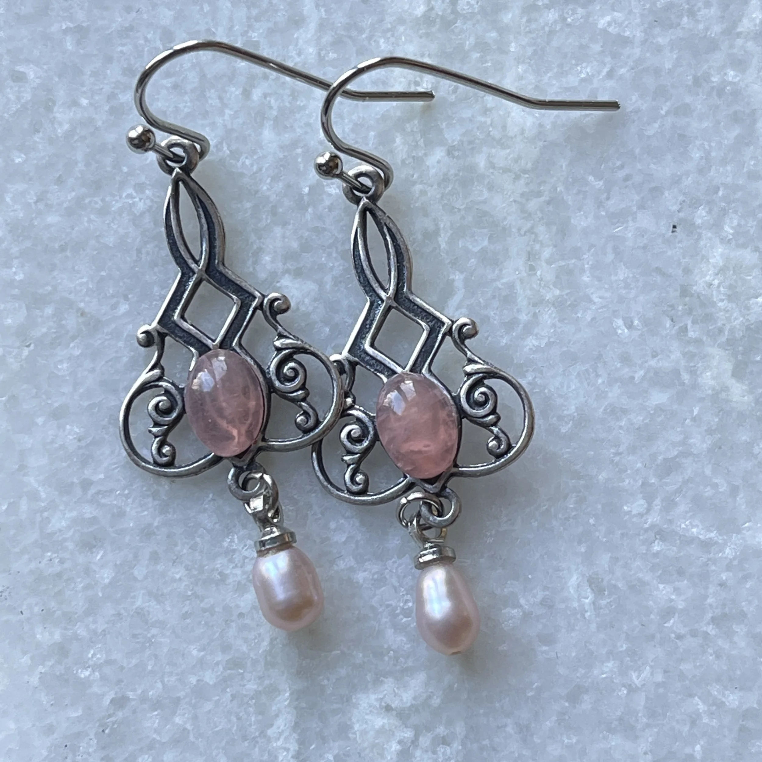 Vintage Style Freshwater Pink Pearl Opal Glass Earrings  1.5"