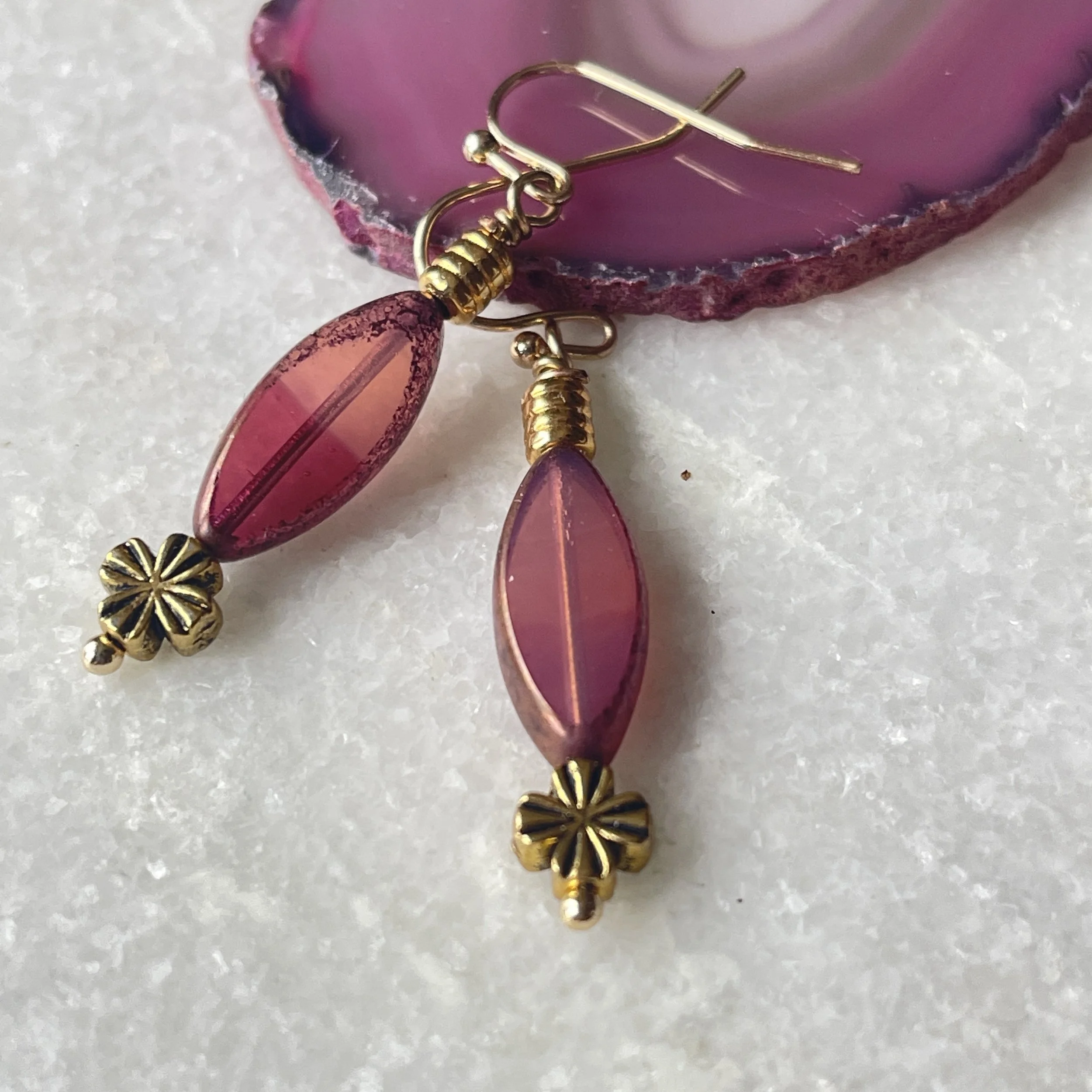 Czech Spindle Bead Clover Charm Earrings   1"