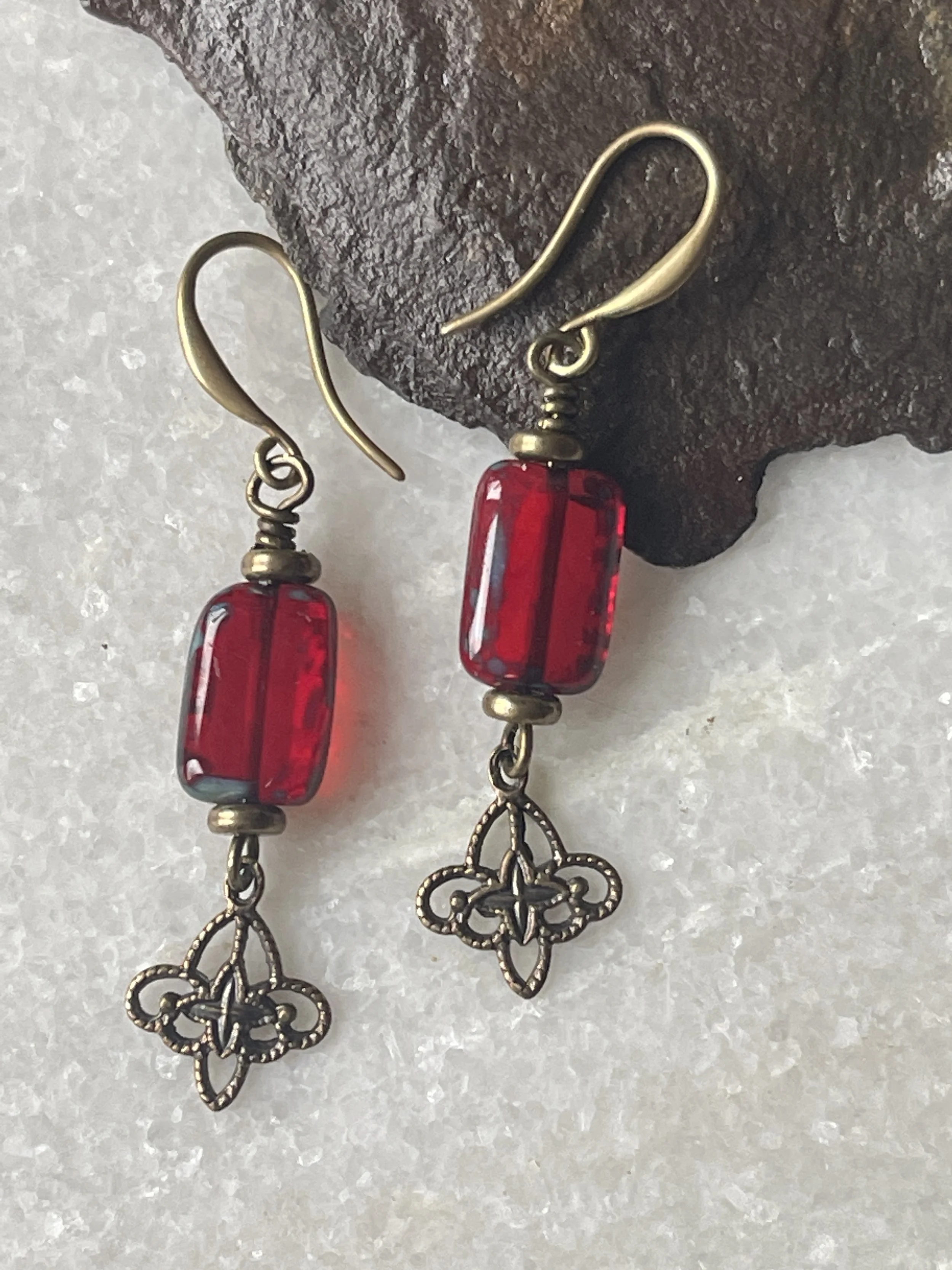 Vintage Filigree Charm Czech Picasso Glass Earrings  1.25"