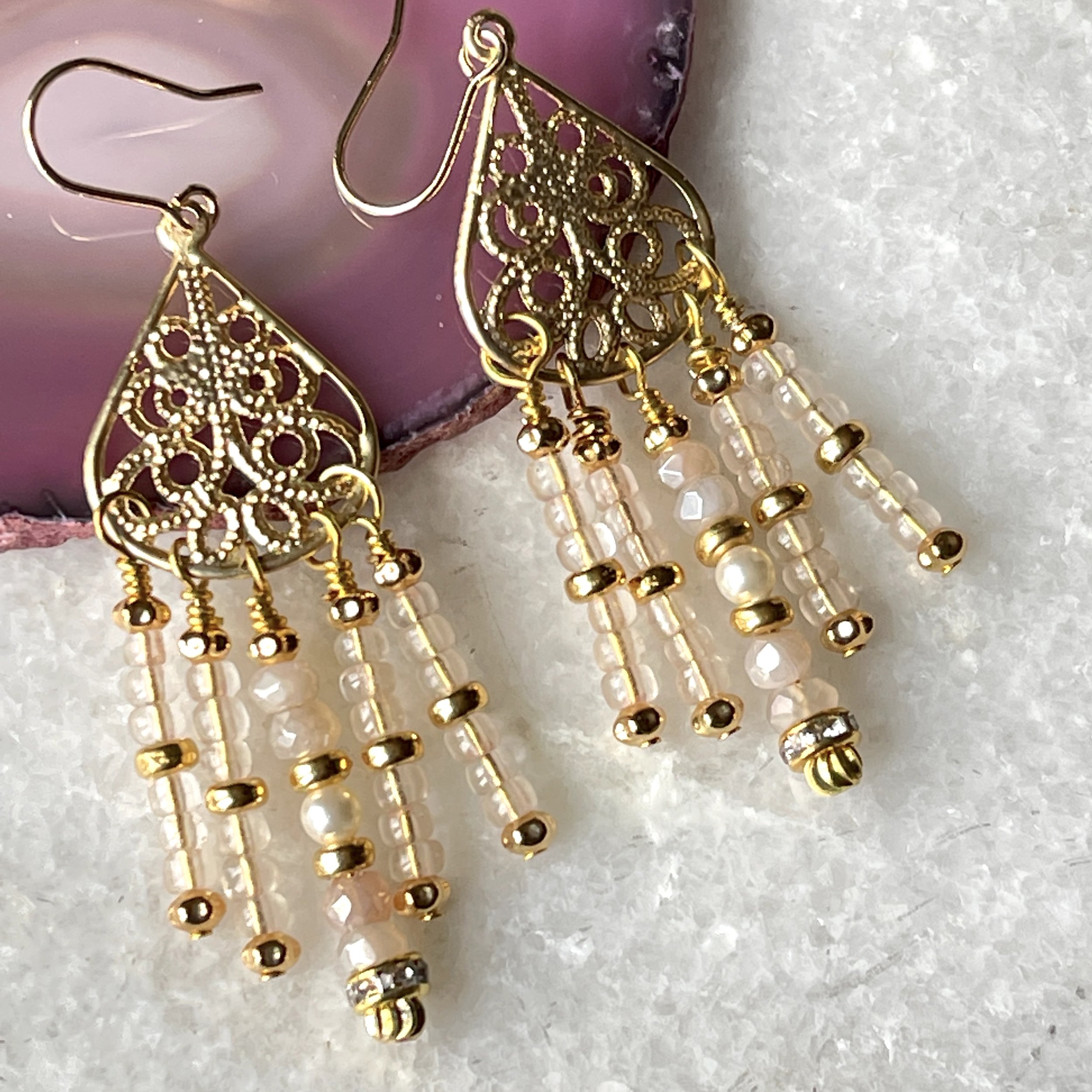 Pearlized Moonstone Chandelier Earrings  2"