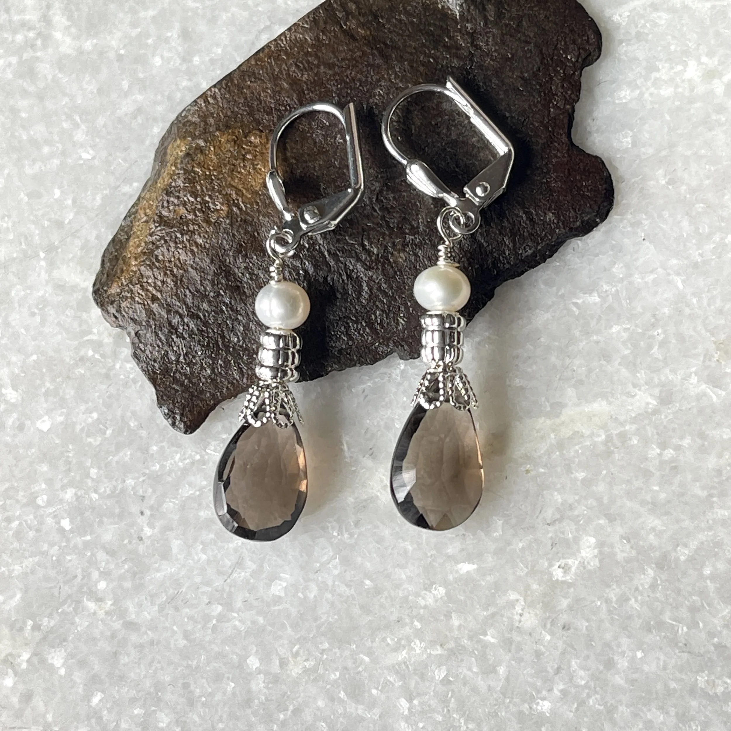 Smoky Quartz Freshwater Pearl Drop Earrings  1"