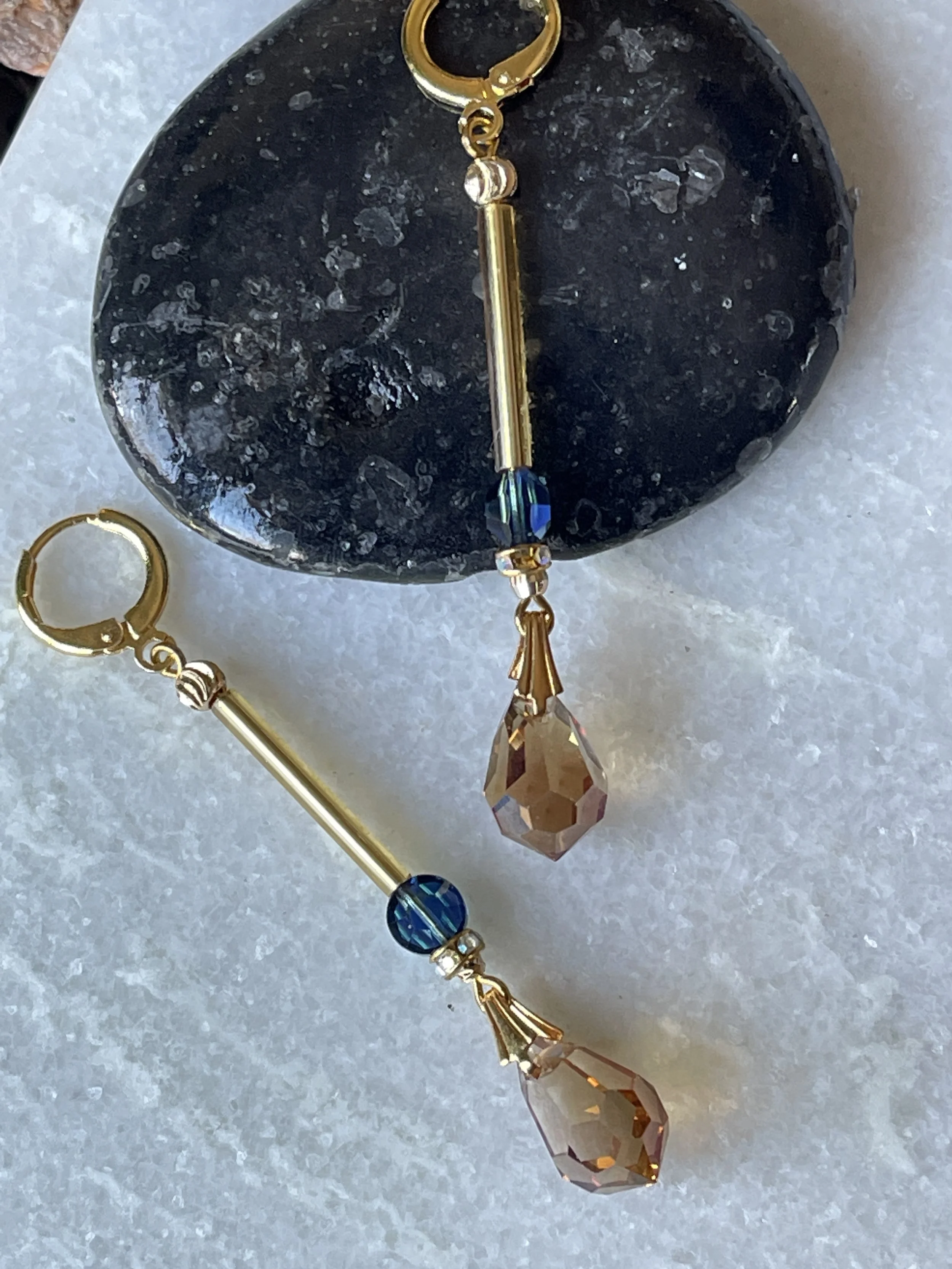 Swarovski Crystal Coin + Teardrop Beads Drop Earrings  2”