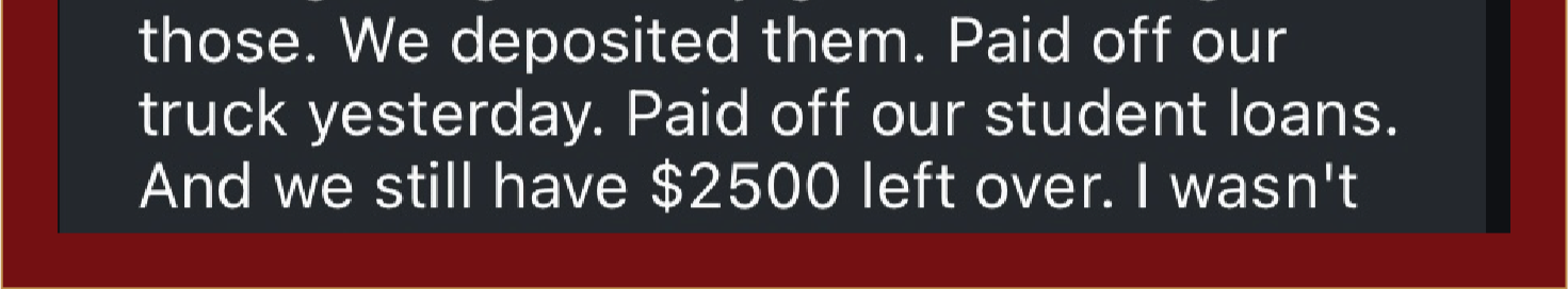 Text on a dark background with a red border discussing financial and personal goals, including work, healing, meditation, journaling, debt payment, and remaining savings.