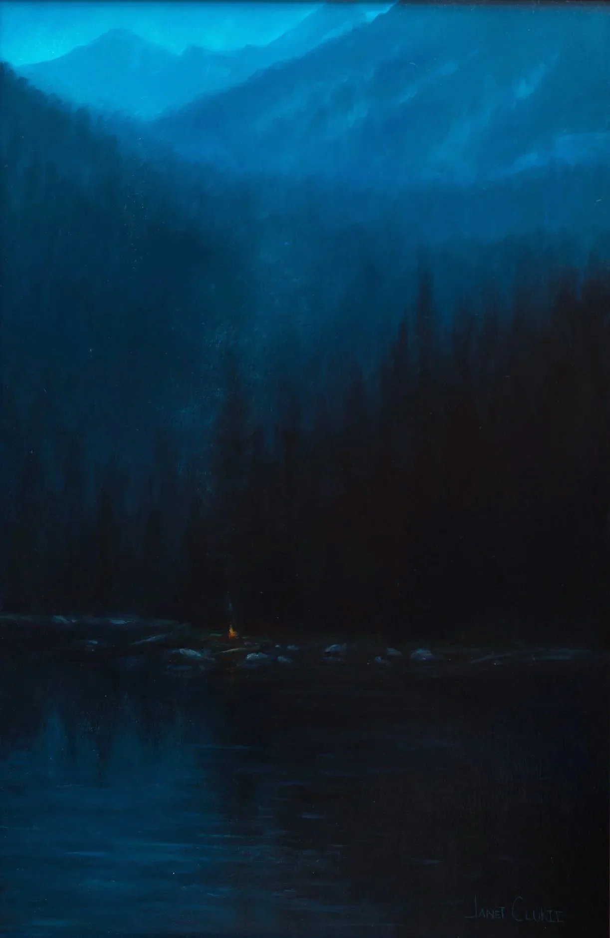 "Listen" oil 20"x30" Nocturne Painting with camp fire - Available 