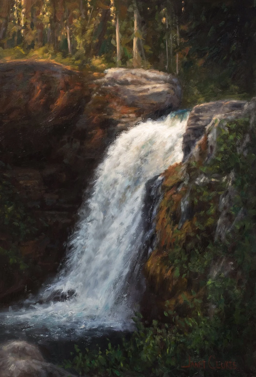 "Moose" Falls" oil 20"x14" - Waterfall in Wyoming 