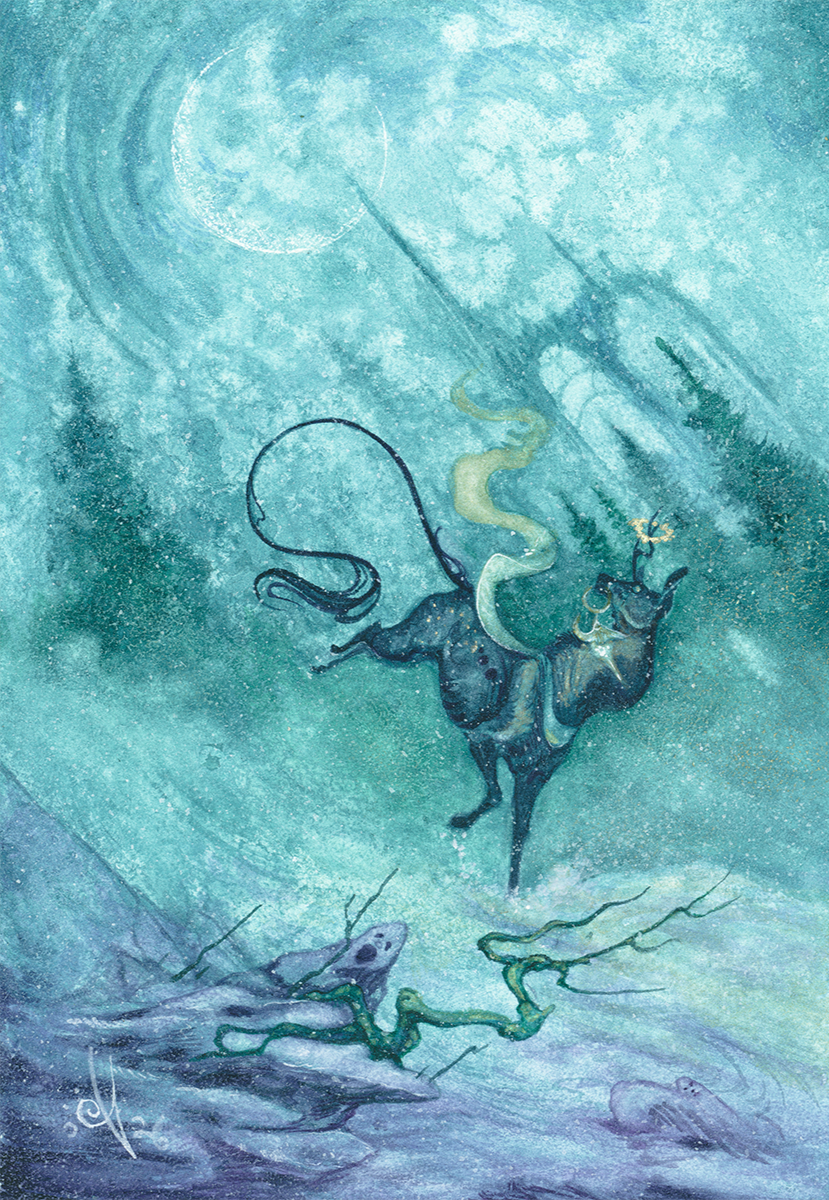 Unicorn daughter,
By the blood the moon, you go.
Into the restless wood to chase the lying light from the shadows.

Listen well to the whispers of the ghost stones, lest the wood drown your truth in its static.