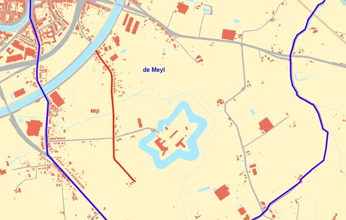 Figuur 7 Mijl is de rode weg op de kaart.