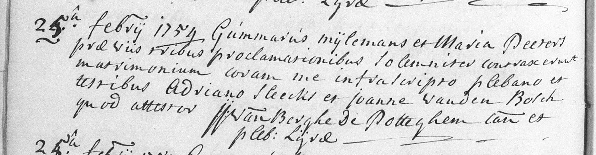 Figuur 19 Huwelijksakte van Gummarus Mijlemans en Maria Peeters (25/02/1754)