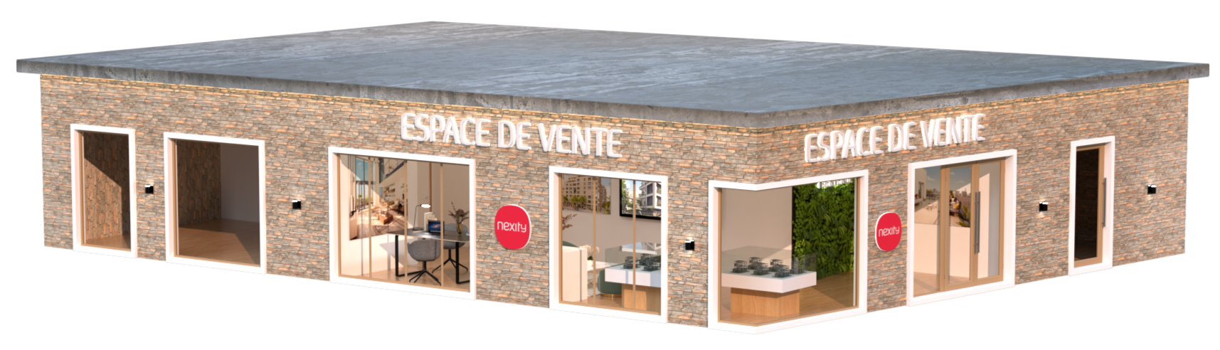 Bâtiment moderne en briques avec trois grandes vitrines et deux portes vitrées. Signes lumineux 'ESPACE DE VENTE' et logo 'nexity' sur la façade.
