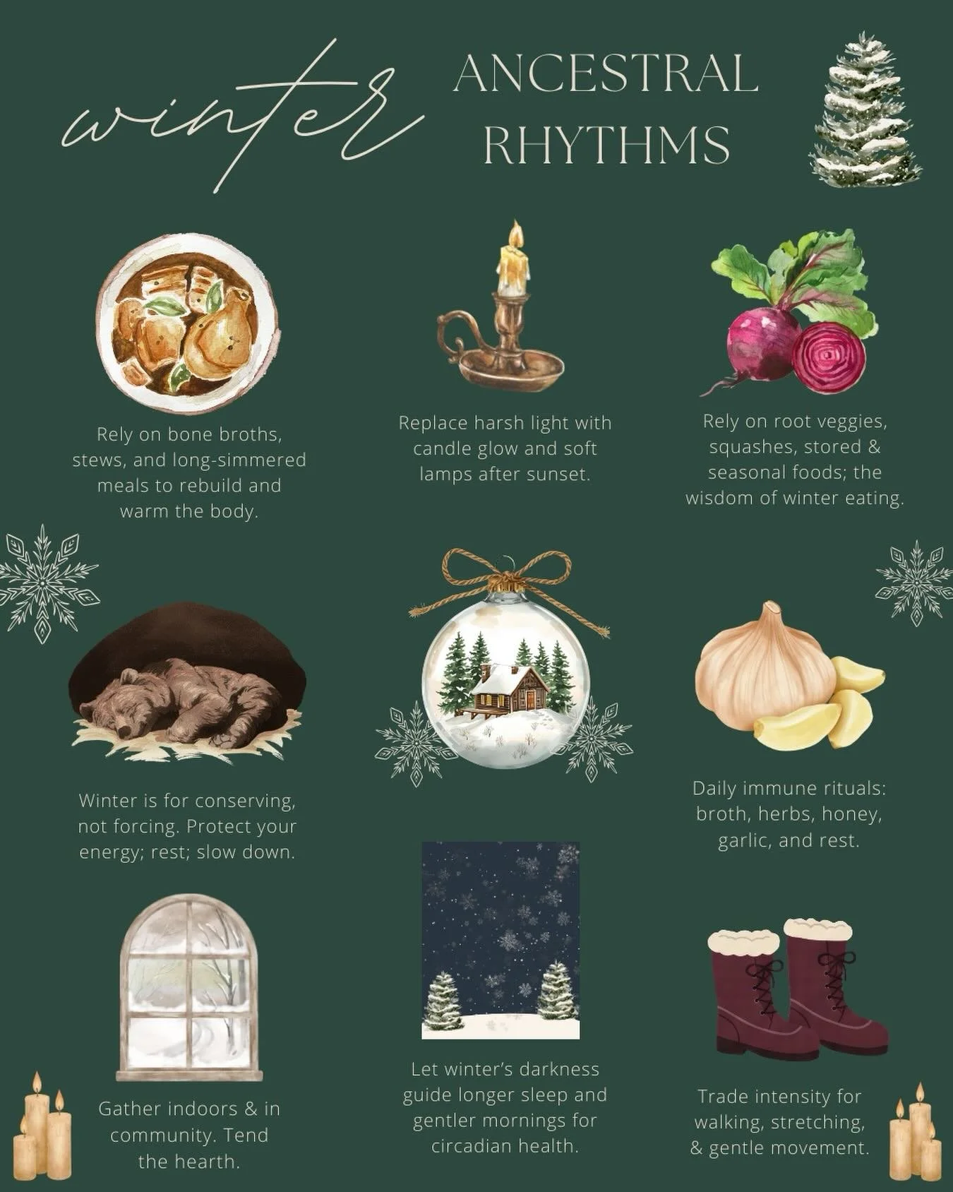 Winter is a season that asks us to stop rushing and slow down ❄️

Our lives, bodies and nervous systems are to be tended to at this time🕯️

Longer nights. Slower mornings. Warm broths &amp; stews. Candlelight. Gathering in homes.
 Conserving our ene