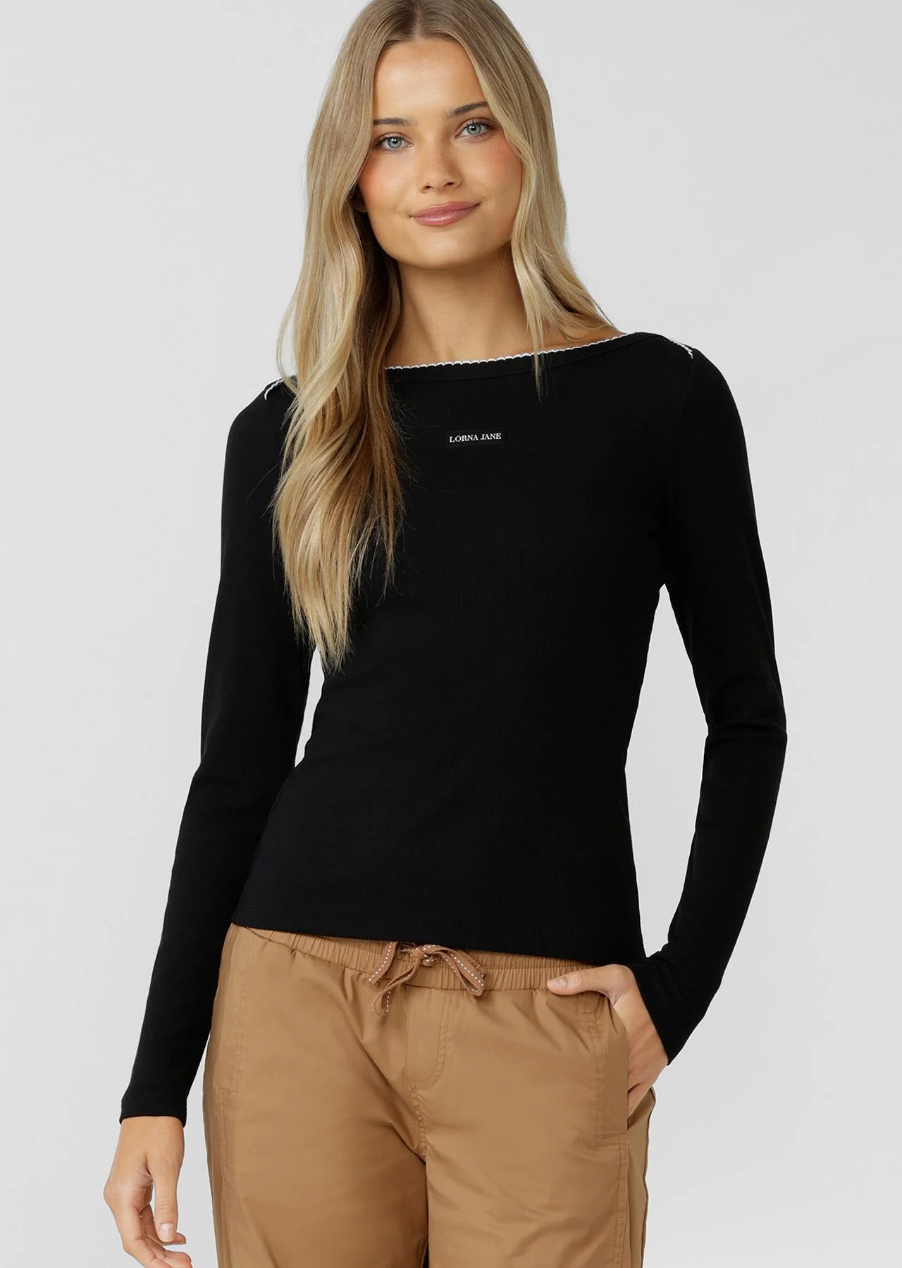 SONNET LACE REVERSIBLE LONG SLEEVE RIB TOP BLACK
