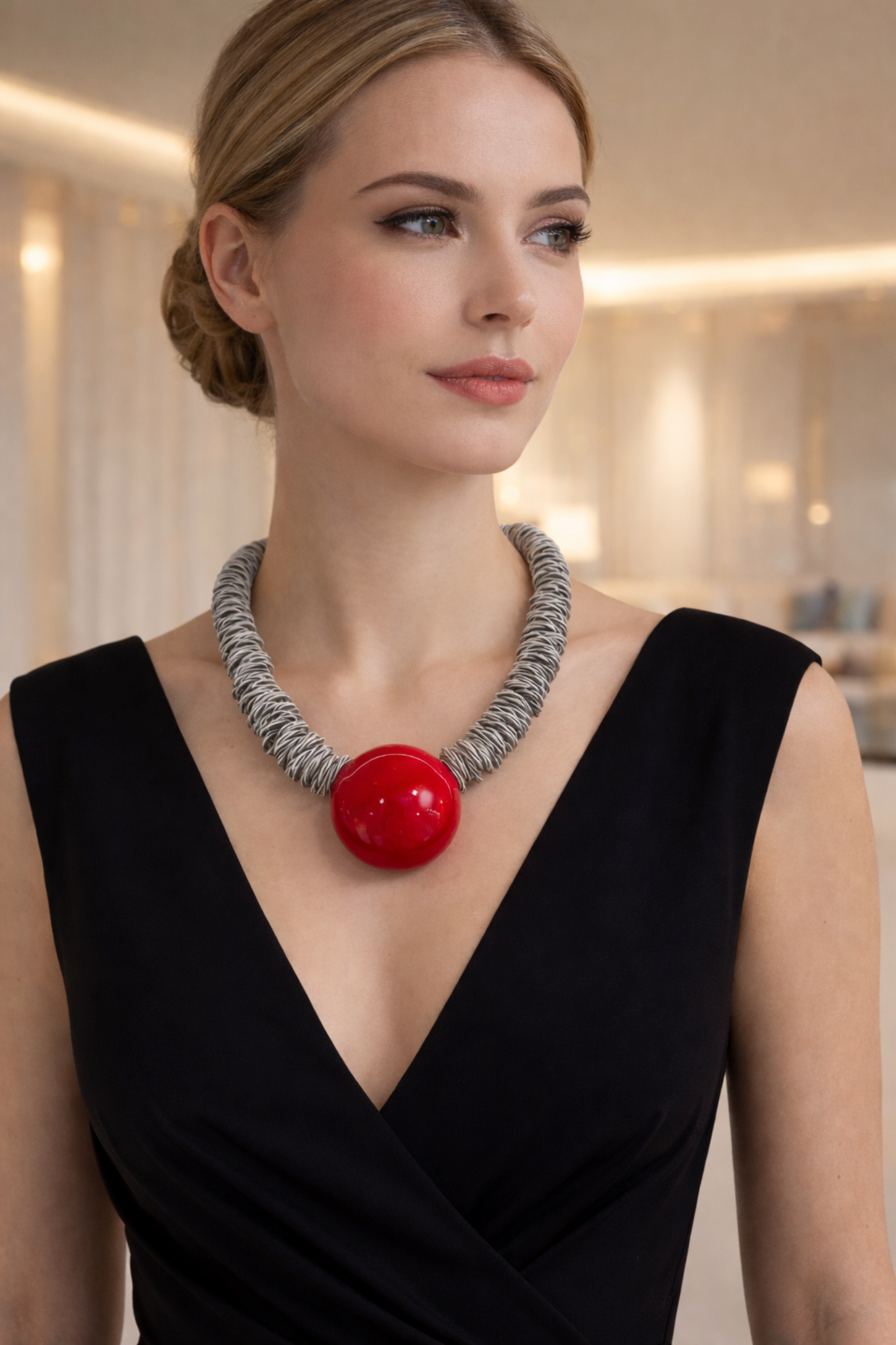 Murano Glass Necklace with Large Flattened Bead & Steel Rings  Artemide