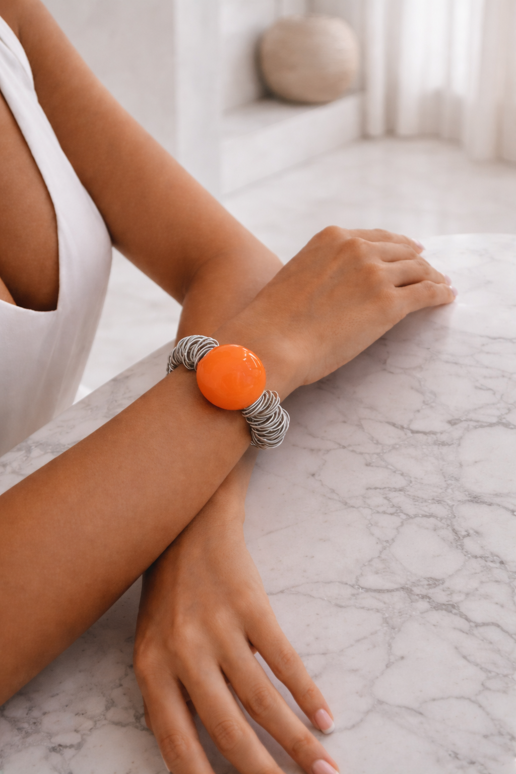 "Sole" the Elastic Murano Blown Glass Bead Bracelet with Steel Rings