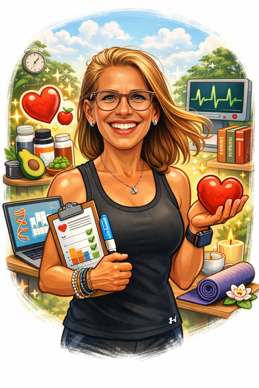 Illustration of a smiling woman in athletic clothing holding a heart model, with health and fitness related items like a laptop, clipboard, various bottles, fruits, a yoga mat, candles, and a monitor showing a heartbeat, in a bright outdoor setting.
