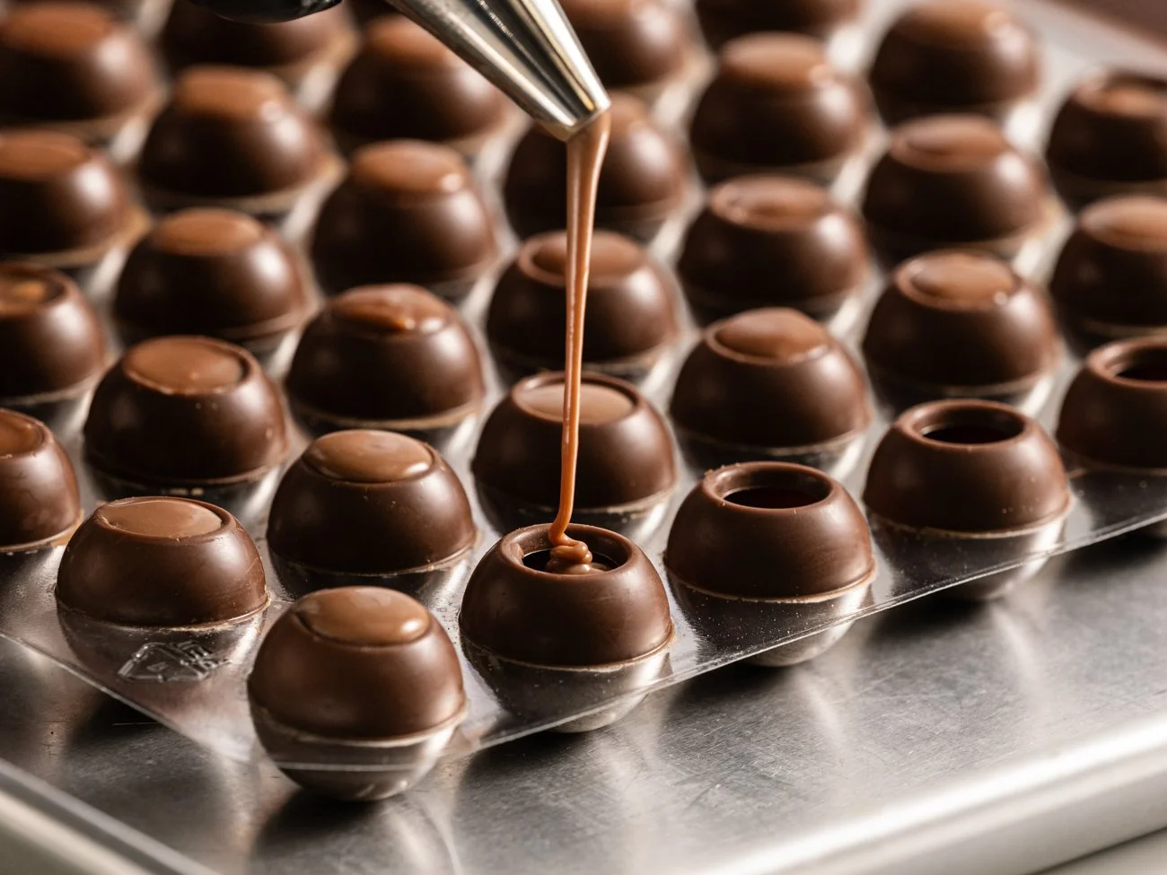 Chocolate truffles being filled with melted chocolate from a piping bag in a manufacturing setting.