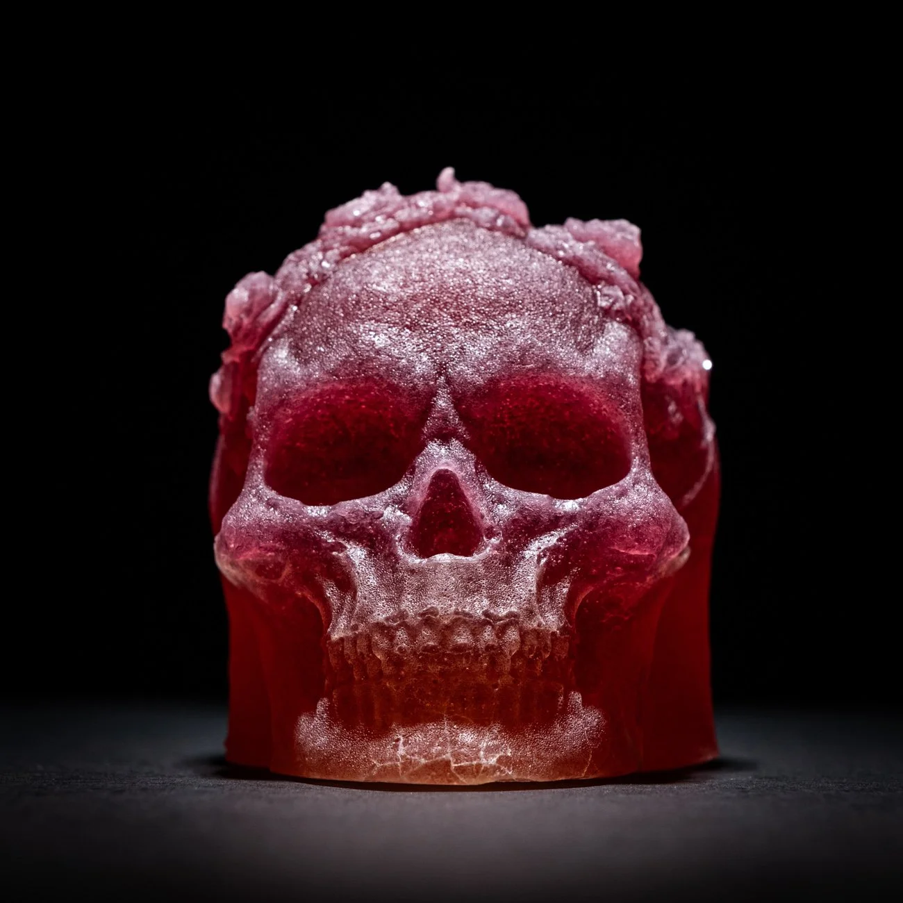 A translucent red skull-shaped ice sculpture with a shiny, textured surface, set against a black background.