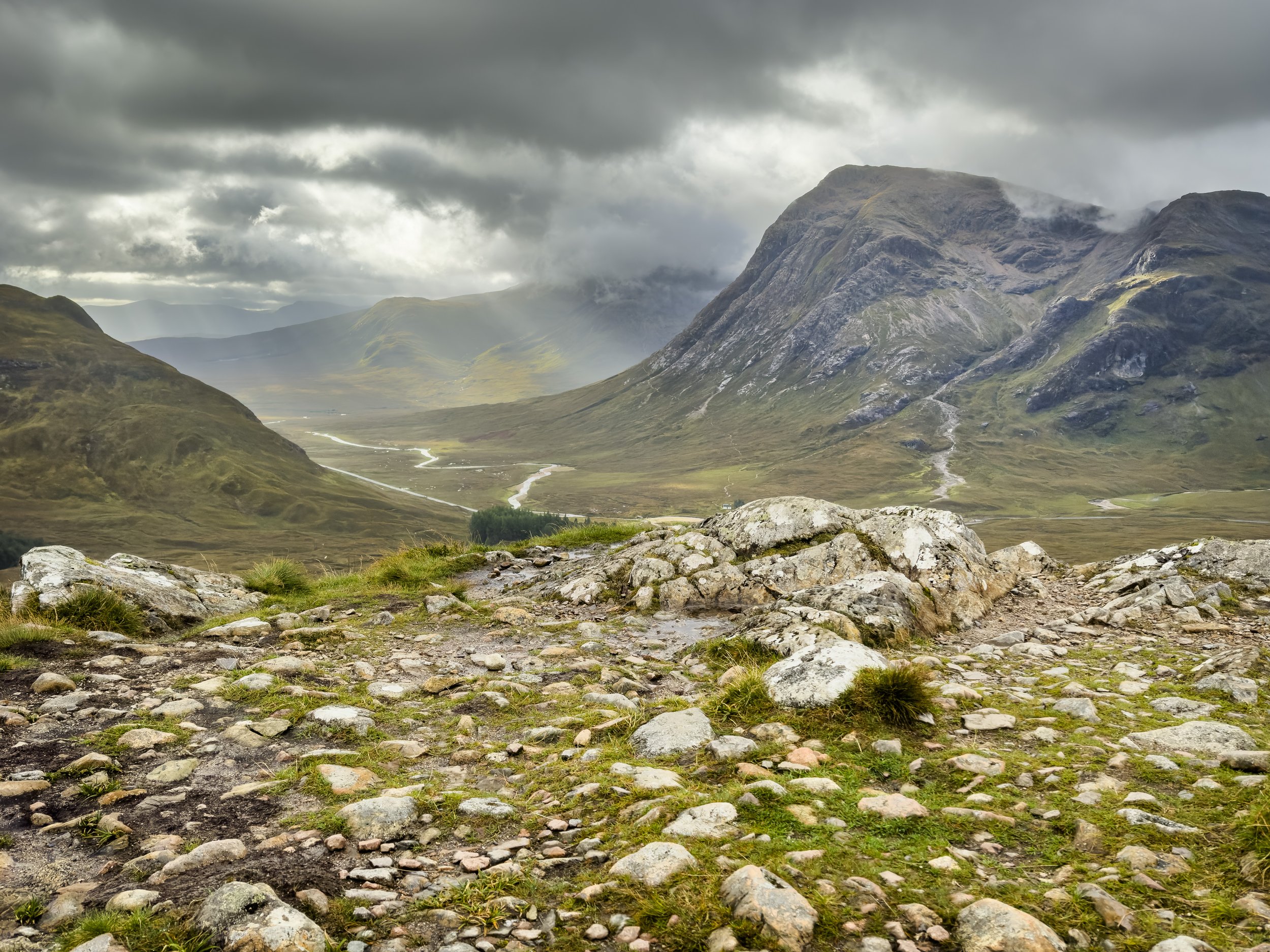 Sun Rays Through Rain Clouds in Valley Along The West Highland Way, Scotland.
Shot on iPhone 14 Pro