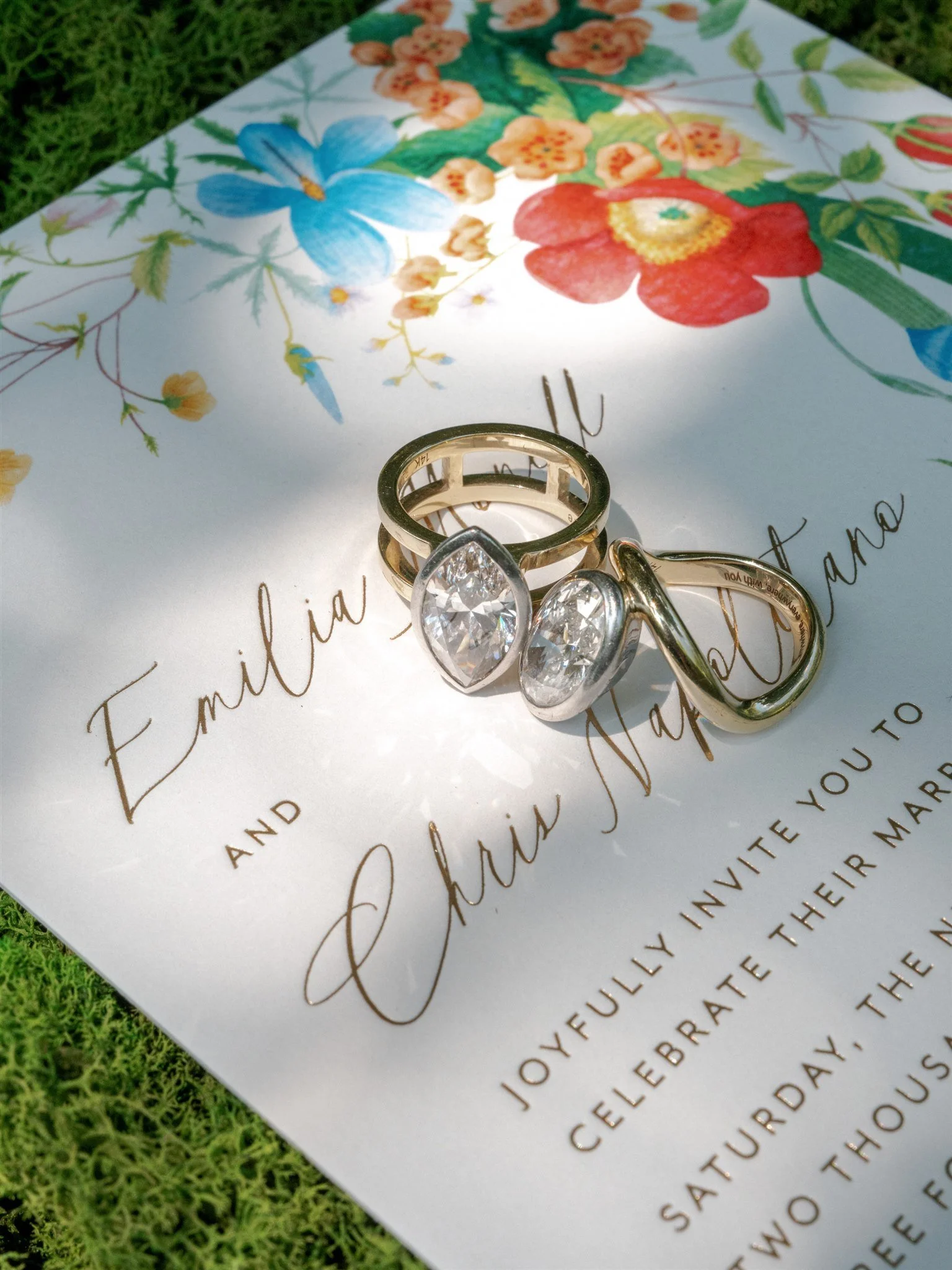 vibrant garden wedding new york invitation and rings beth chapman styling