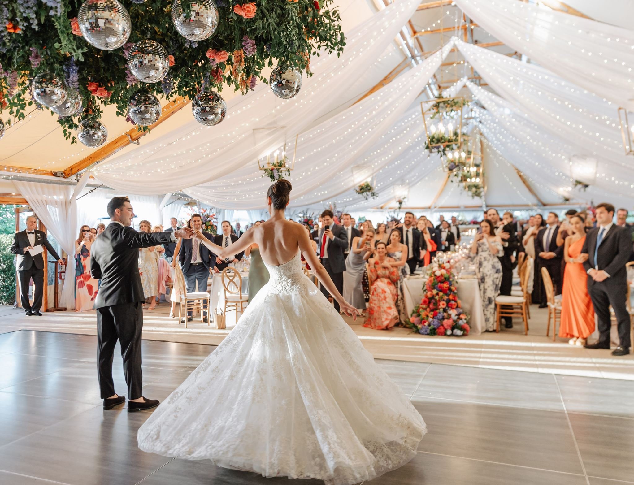 bride and groom first dance elegant ines di santo wedding gown spins beth chapman styling