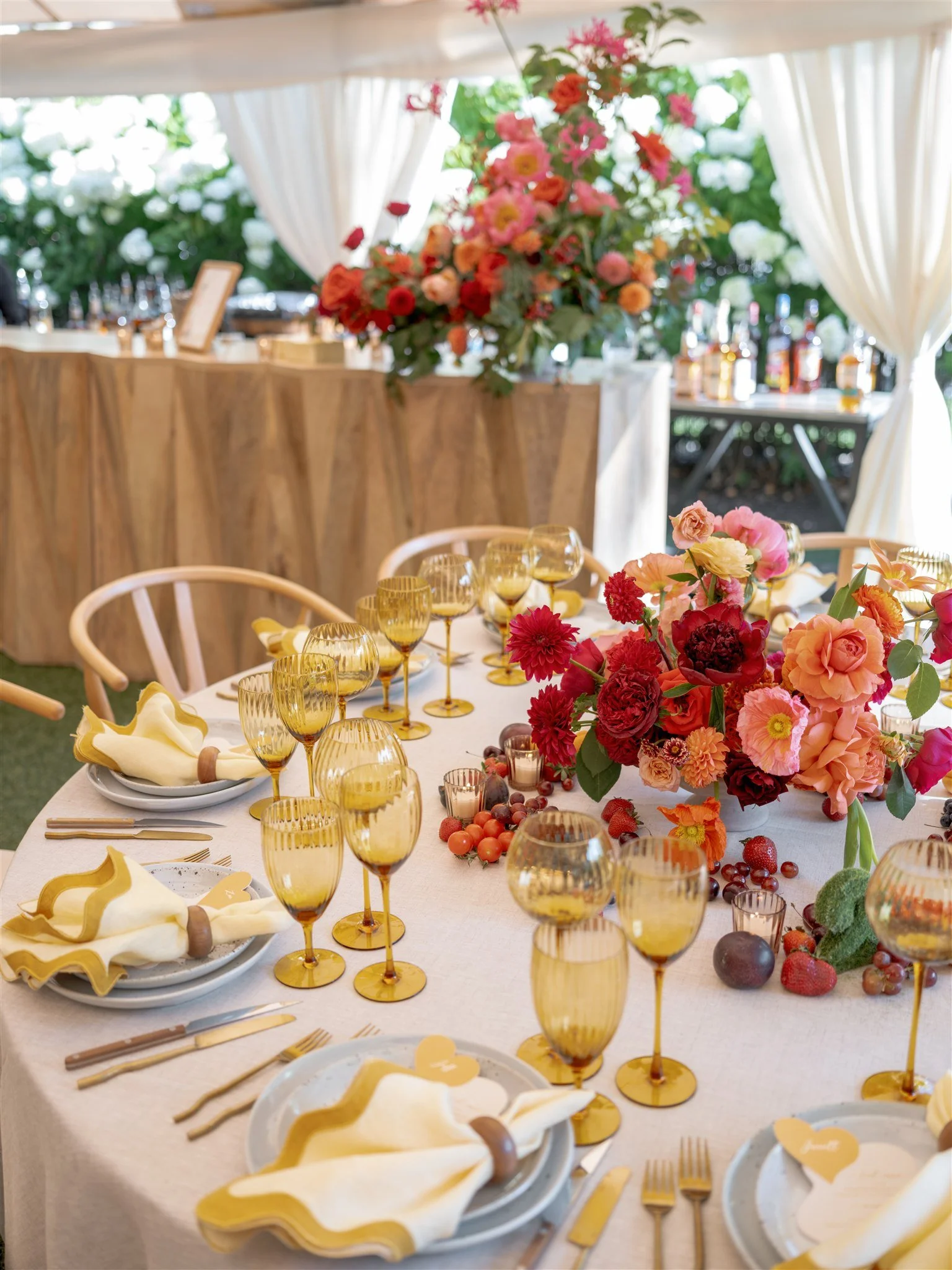 colorful floral centerpiece amber glassware luxury hudson valley wedding beth chapman styling