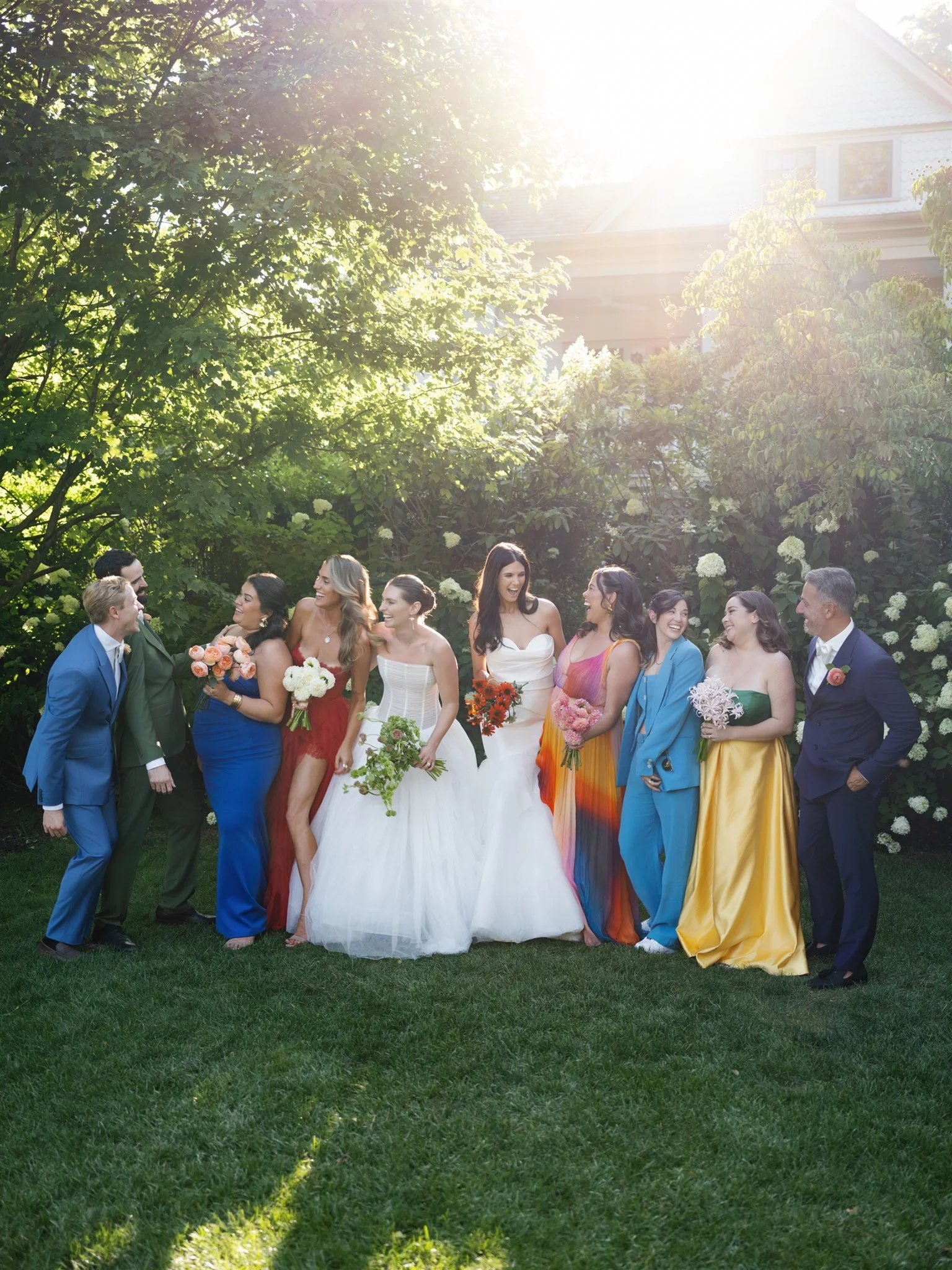 colorful wedding party attire luxury garden wedding hudson valley beth chapman styling