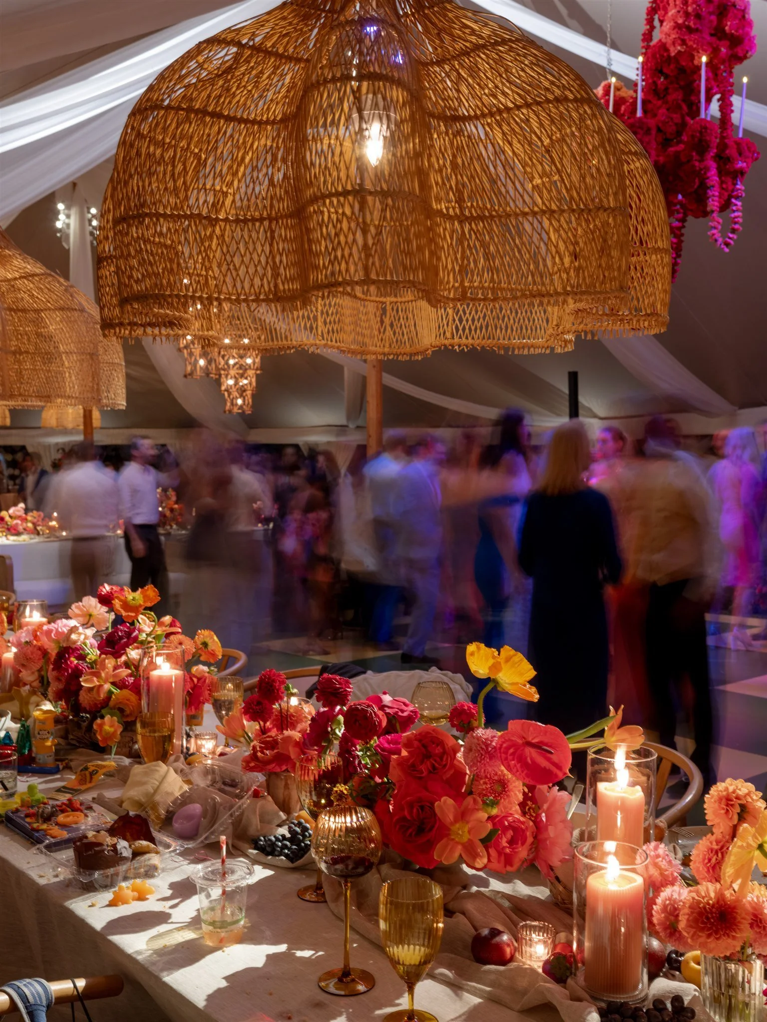 colorful wedding reception under woven pendant lights new york wedding beth chapman styling