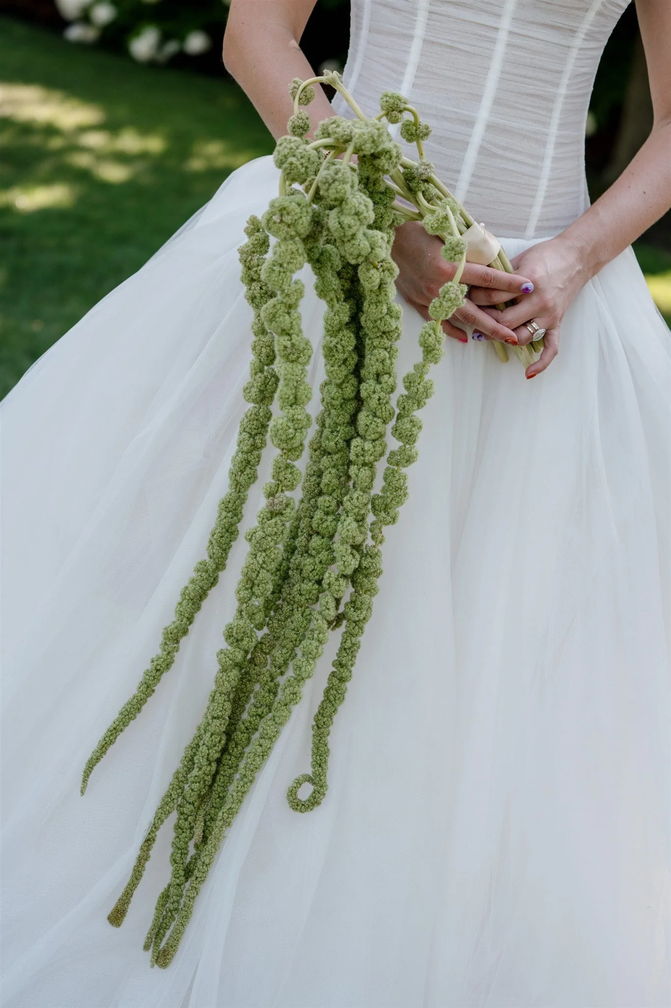 cascading green amaranthus bridal bouquet tulle ball gown beth chapman styling